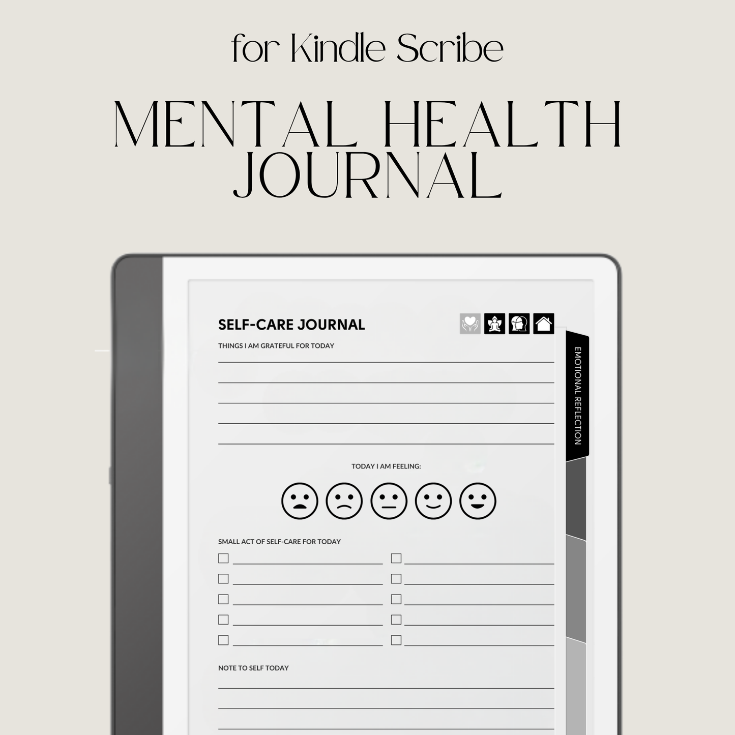 Hyperlinked Mental Health Journal for Kindle Scribe featuring emotional reflection, wellness tracking, guided journaling, and monochrome e-ink layouts.