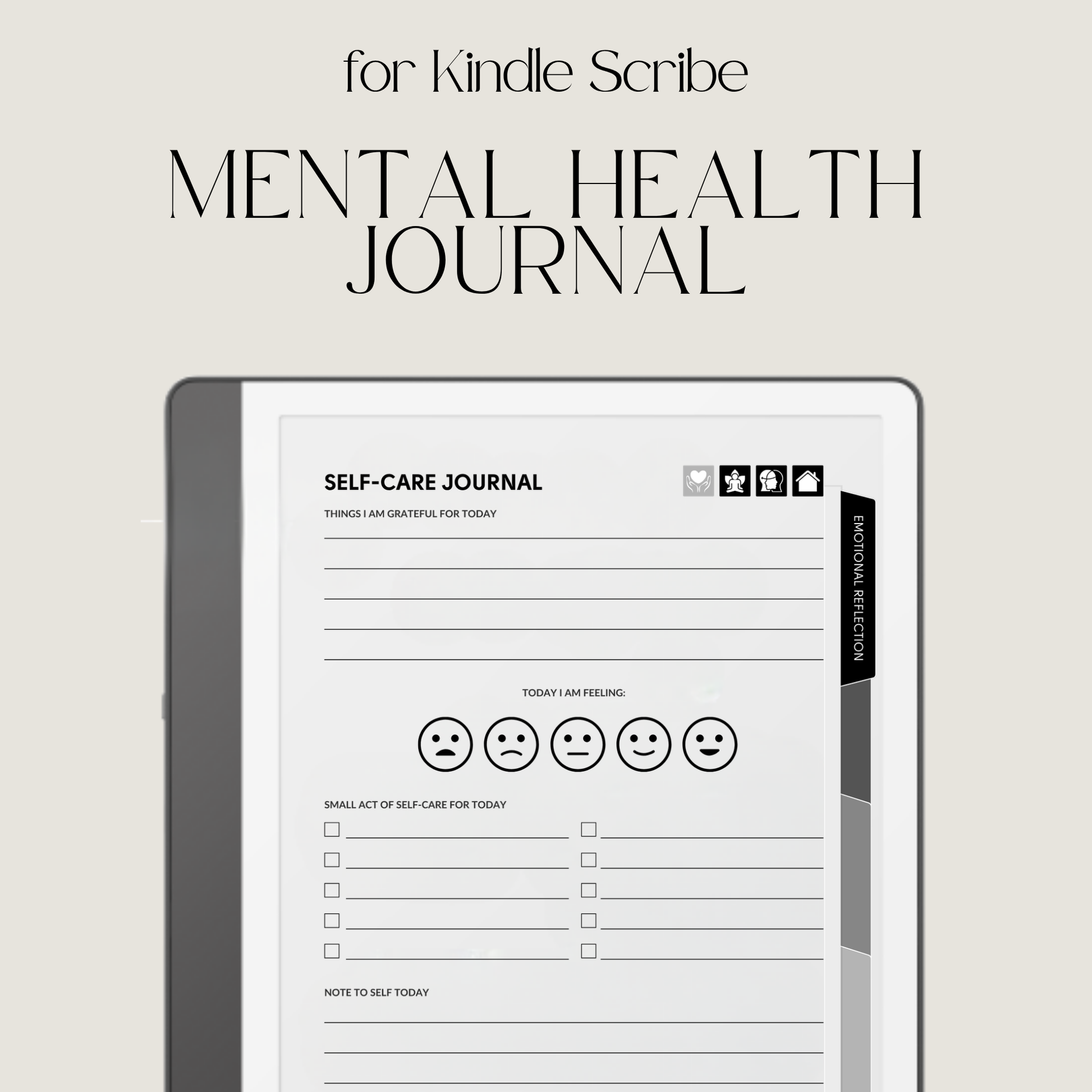Hyperlinked Mental Health Journal for Kindle Scribe featuring emotional reflection, wellness tracking, guided journaling, and monochrome e-ink layouts.
