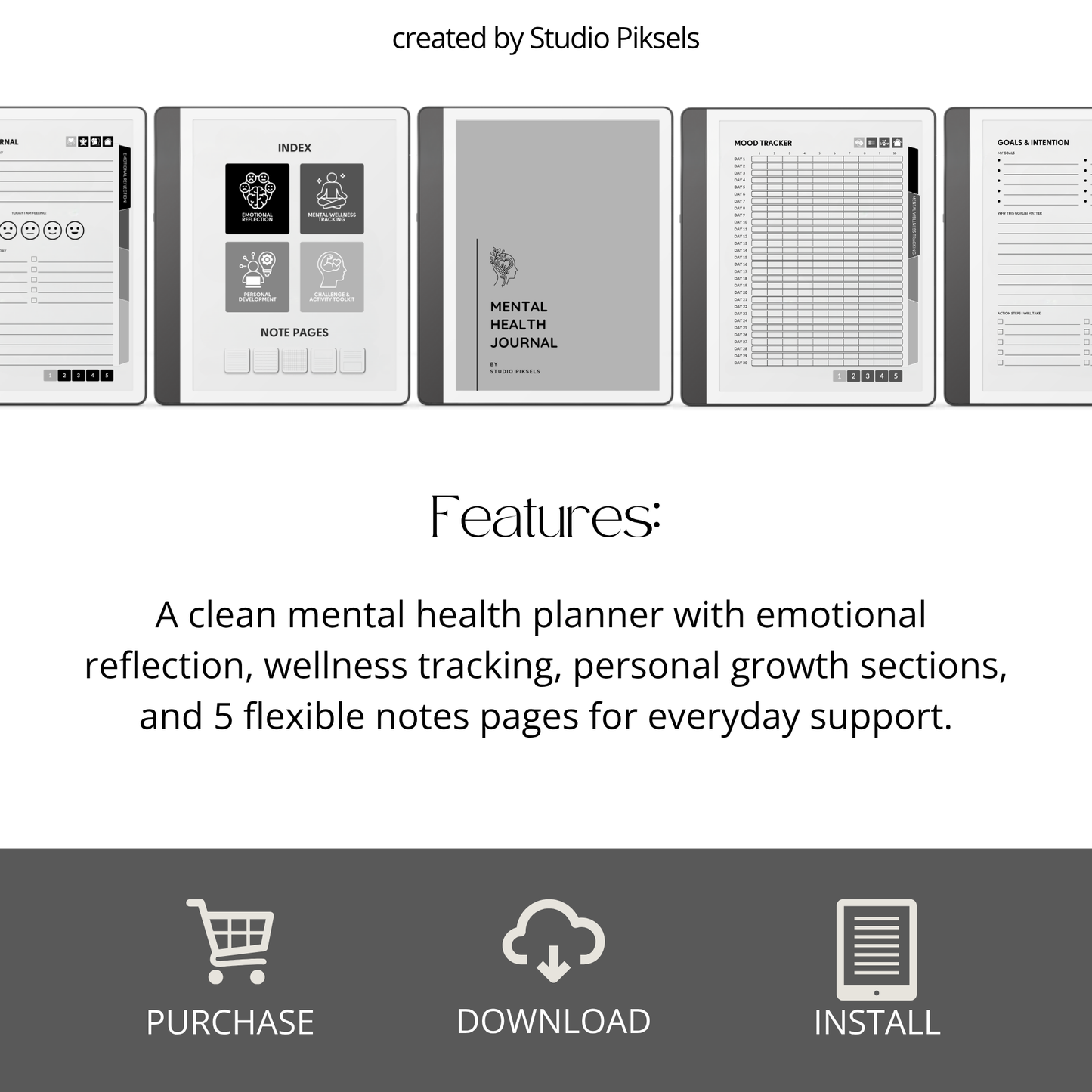 Hyperlinked Mental Health Journal for Kindle Scribe featuring emotional reflection, wellness tracking, guided journaling, and monochrome e-ink layouts.