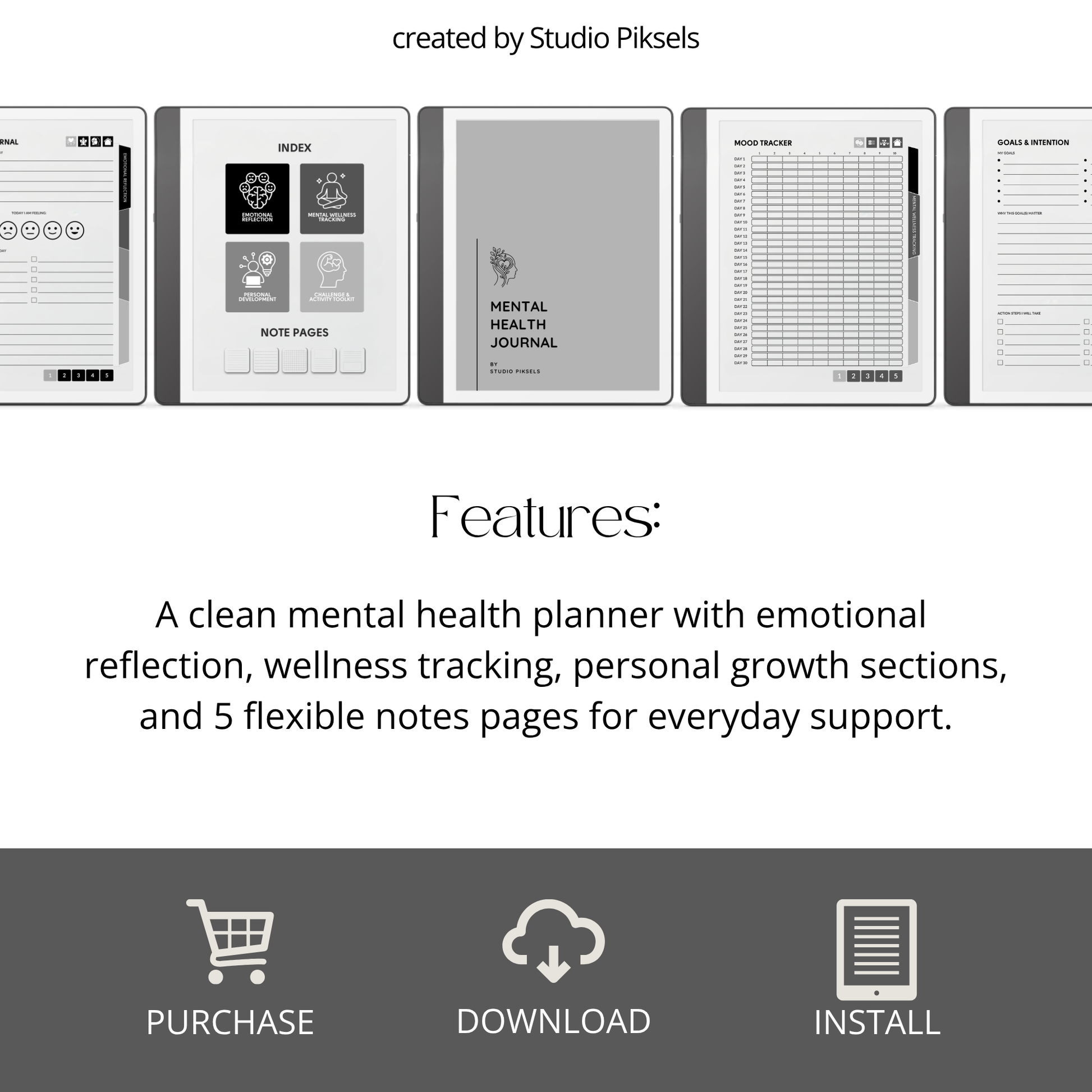 Hyperlinked Mental Health Journal for Kindle Scribe featuring emotional reflection, wellness tracking, guided journaling, and monochrome e-ink layouts.