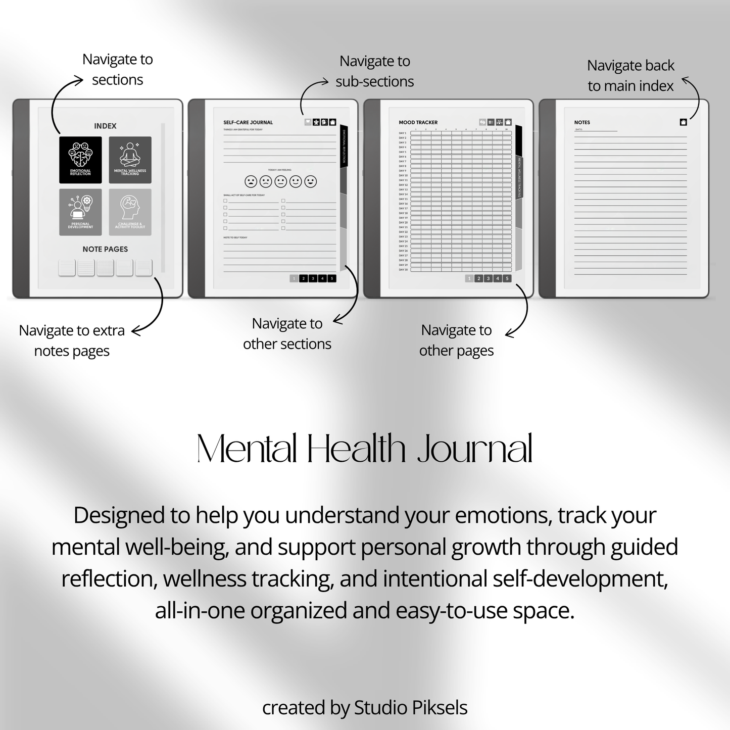 Hyperlinked Mental Health Journal for Kindle Scribe featuring emotional reflection, wellness tracking, guided journaling, and monochrome e-ink layouts.
