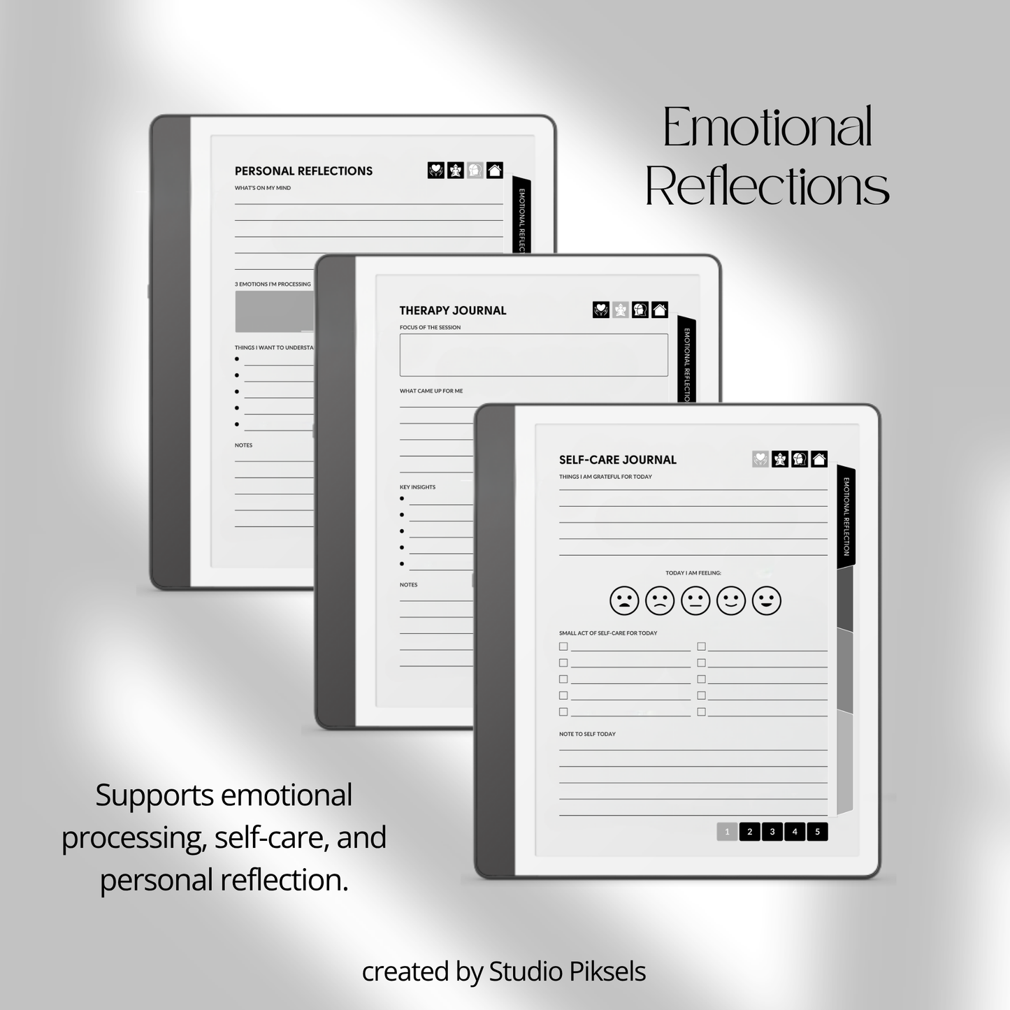 Hyperlinked Mental Health Journal for Kindle Scribe featuring emotional reflection, wellness tracking, guided journaling, and monochrome e-ink layouts.