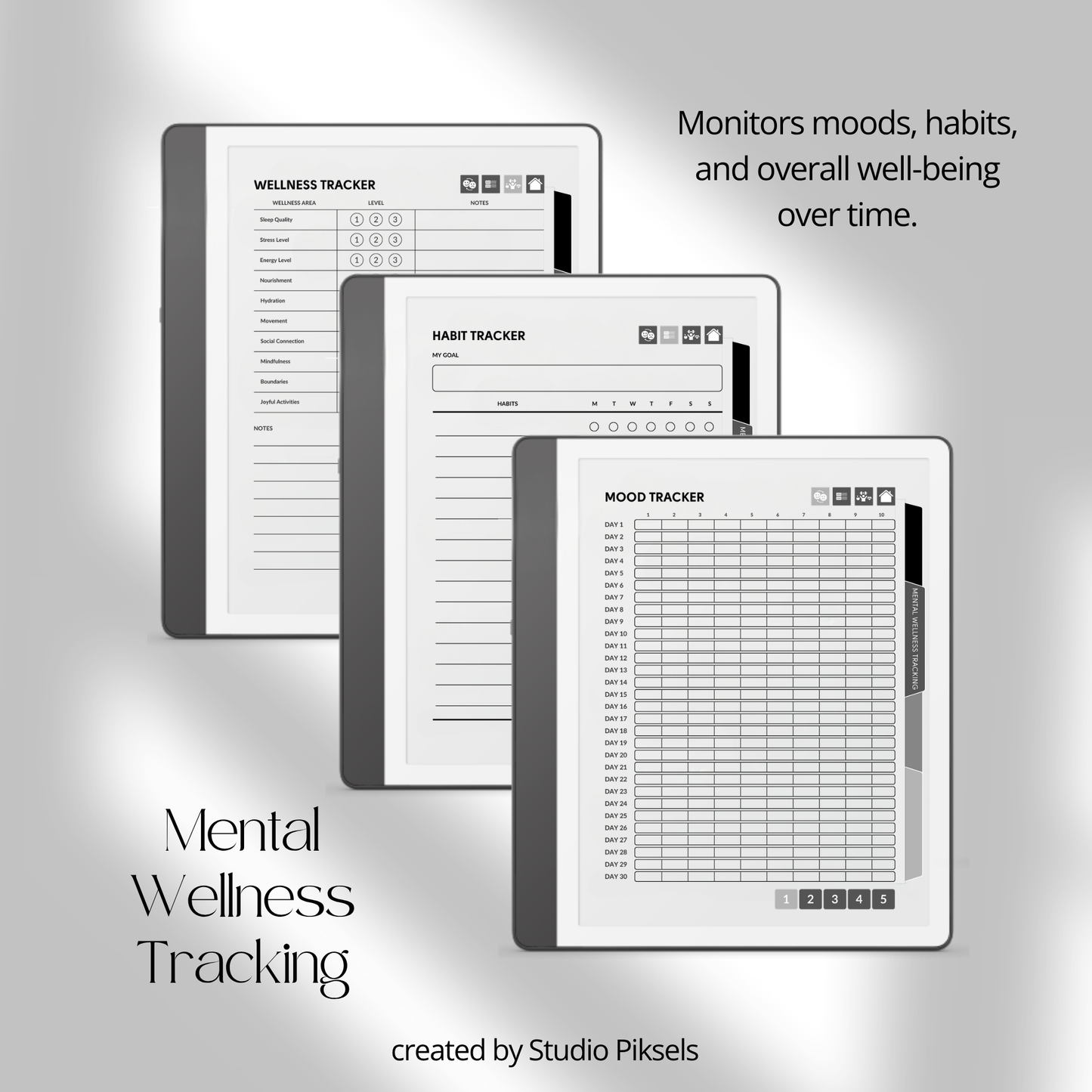 Hyperlinked Mental Health Journal for Kindle Scribe featuring emotional reflection, wellness tracking, guided journaling, and monochrome e-ink layouts.