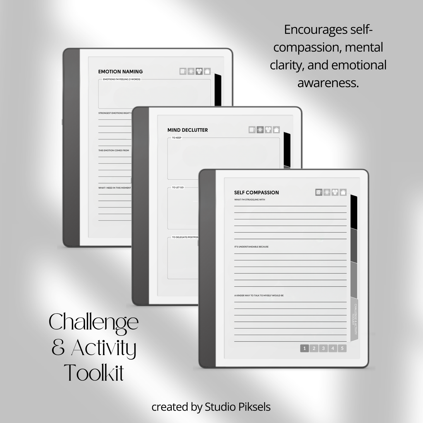 Hyperlinked Mental Health Journal for Kindle Scribe featuring emotional reflection, wellness tracking, guided journaling, and monochrome e-ink layouts.