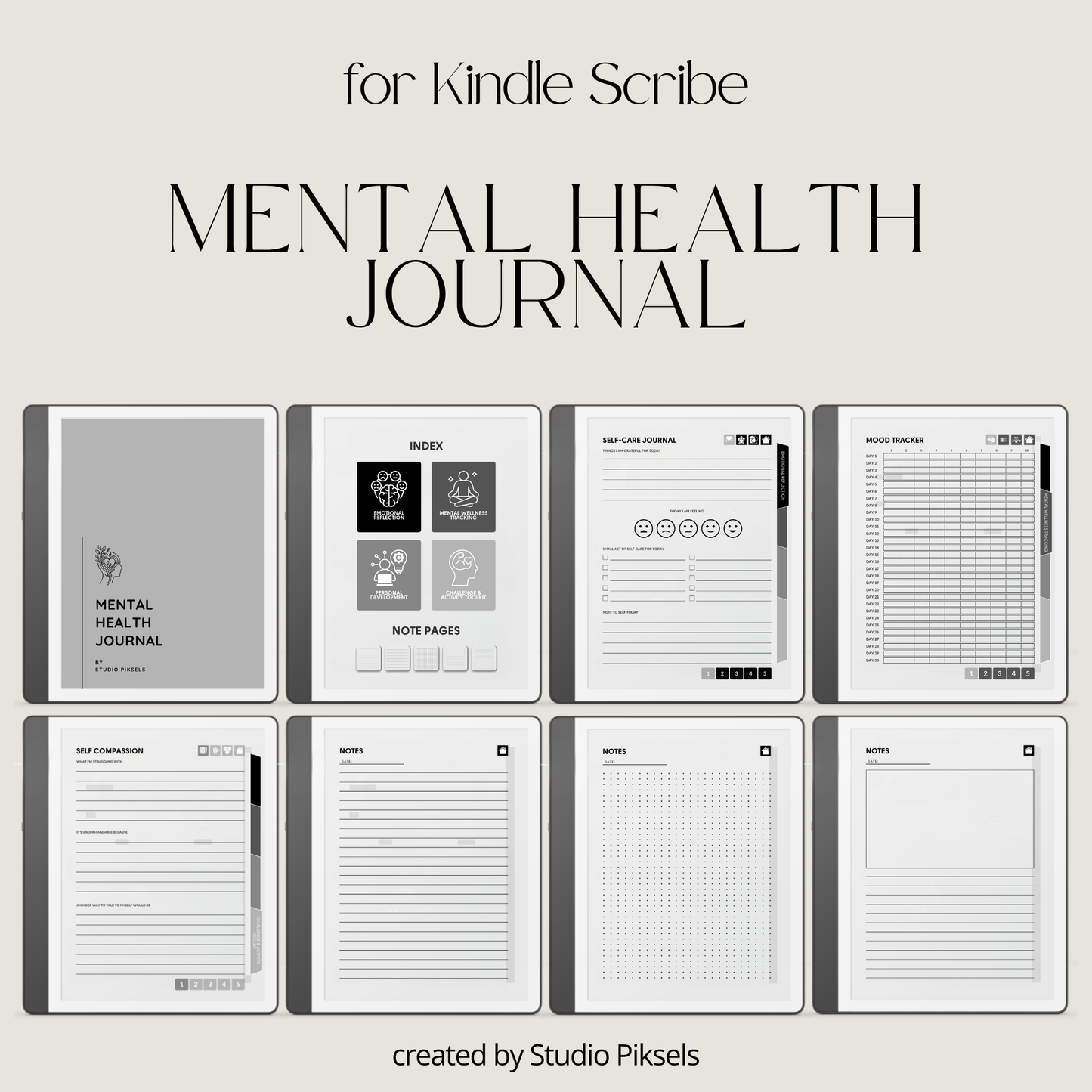 Hyperlinked Mental Health Journal for Kindle Scribe featuring emotional reflection, wellness tracking, guided journaling, and monochrome e-ink layouts.