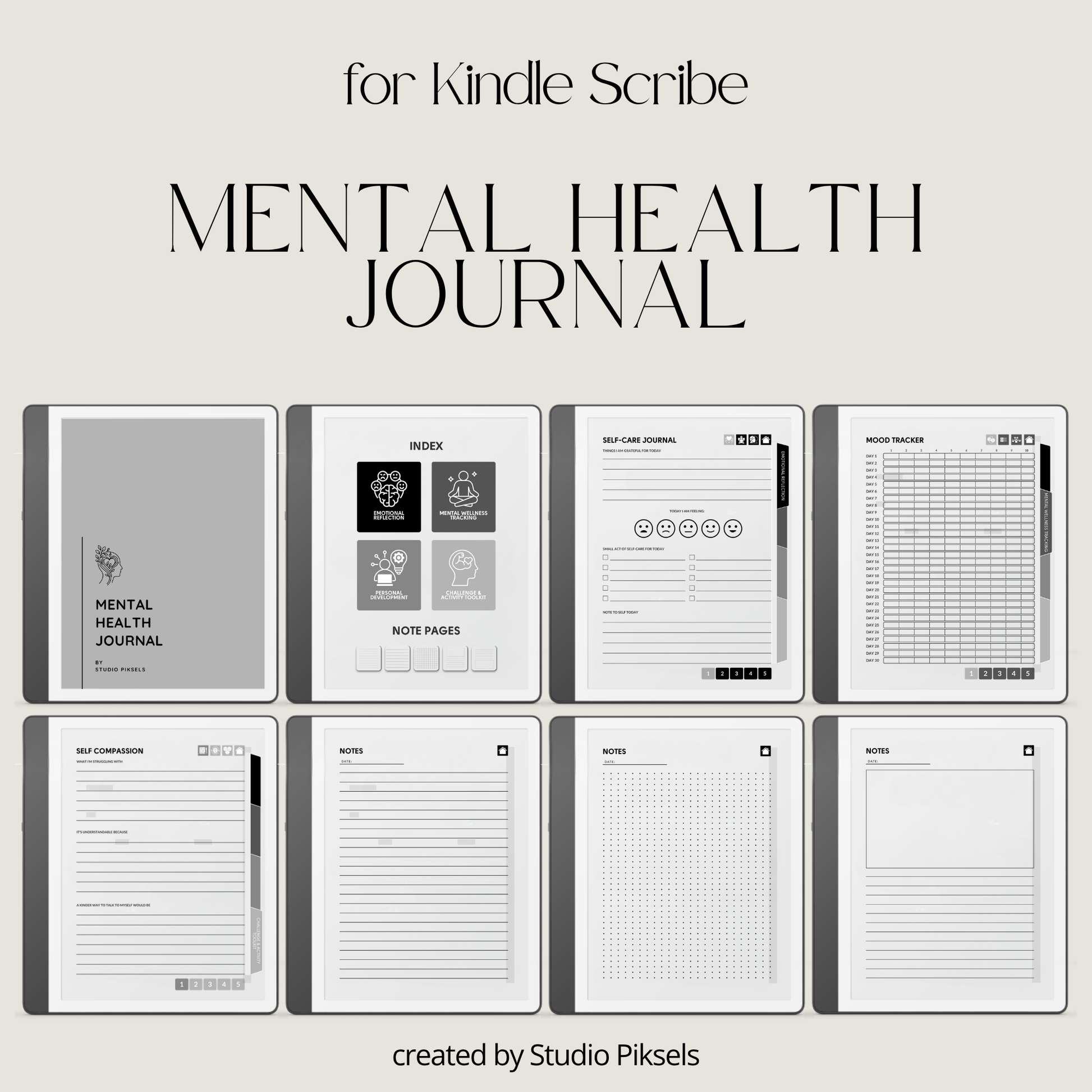 Hyperlinked Mental Health Journal for Kindle Scribe featuring emotional reflection, wellness tracking, guided journaling, and monochrome e-ink layouts.