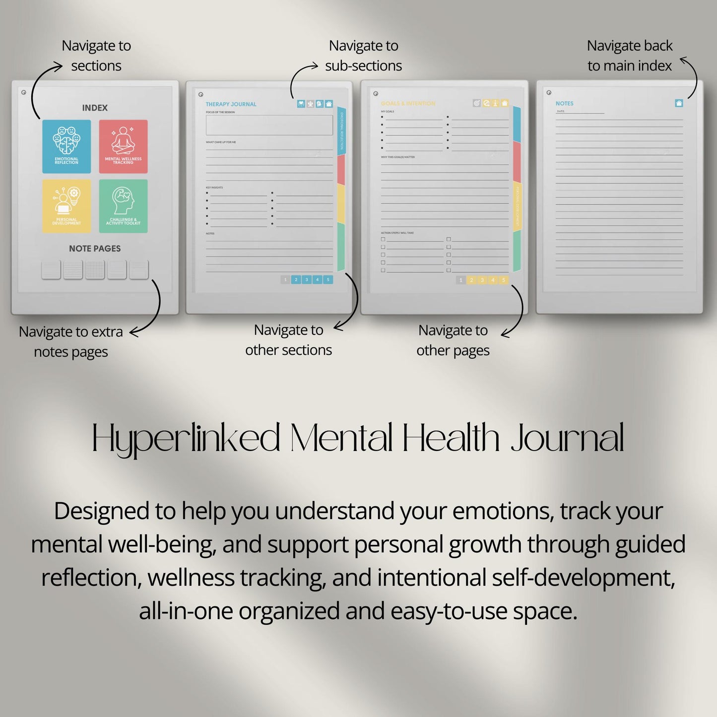 Reflect on emotions and write guided journal entries using a mental health journal on reMarkable Paper Pro.