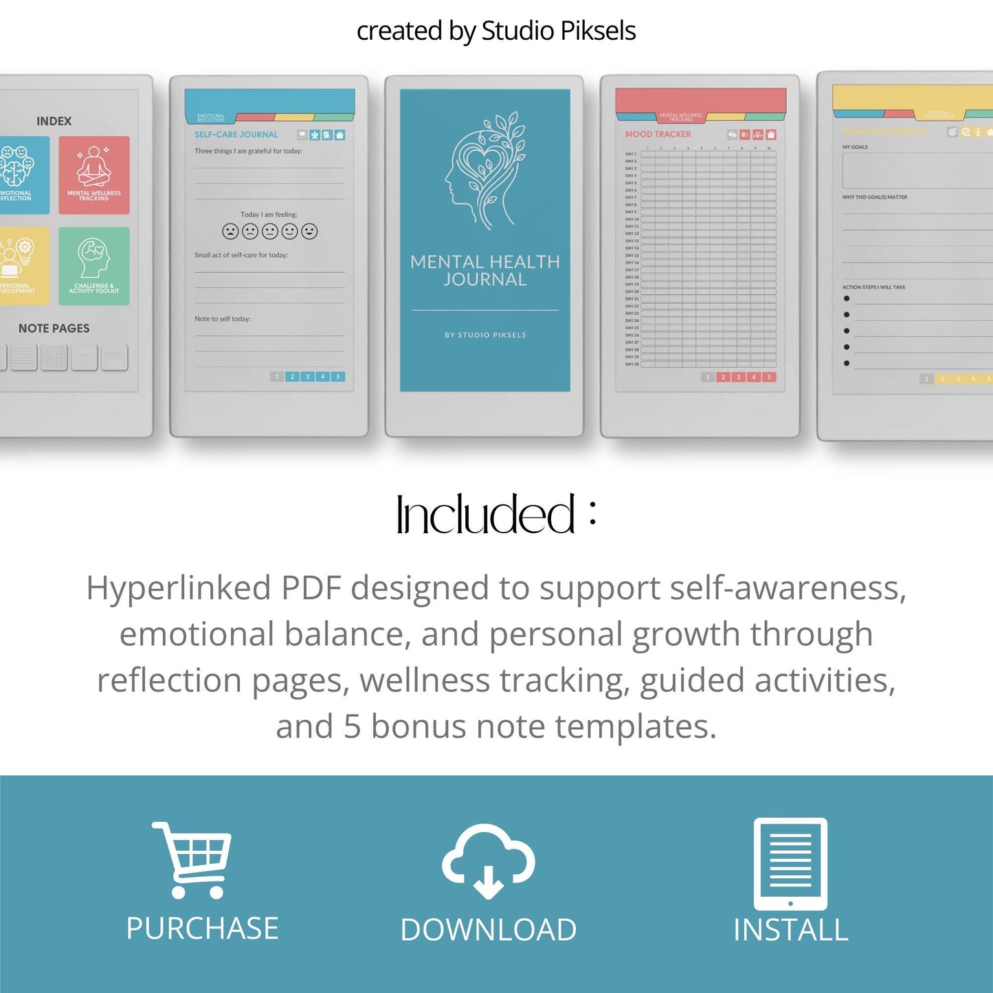 Mental health journal for reMarkable Paper Pro Move with hyperlinked reflection and wellness tracking pages.