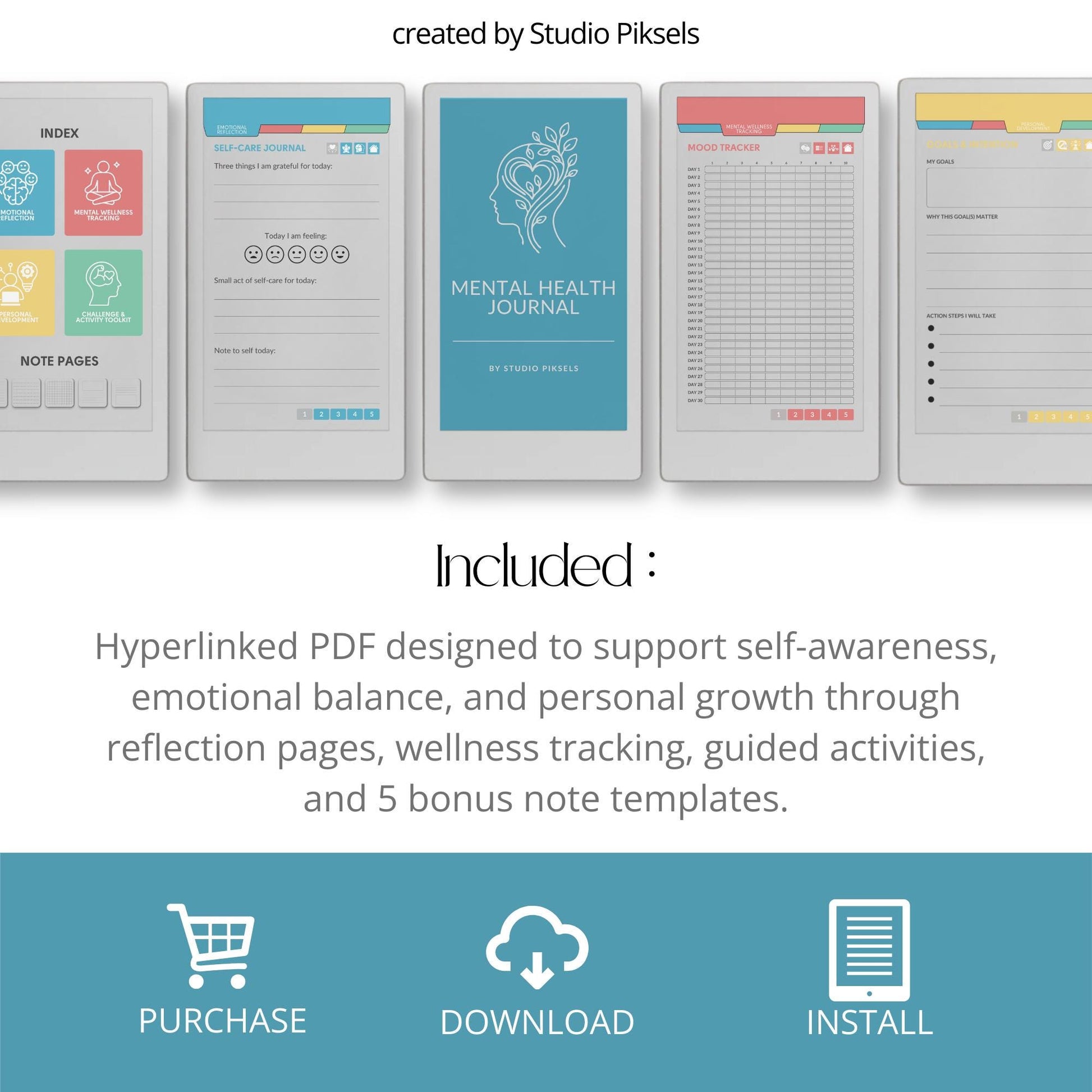 Mental health journal for reMarkable Paper Pro Move with hyperlinked reflection and wellness tracking pages.
