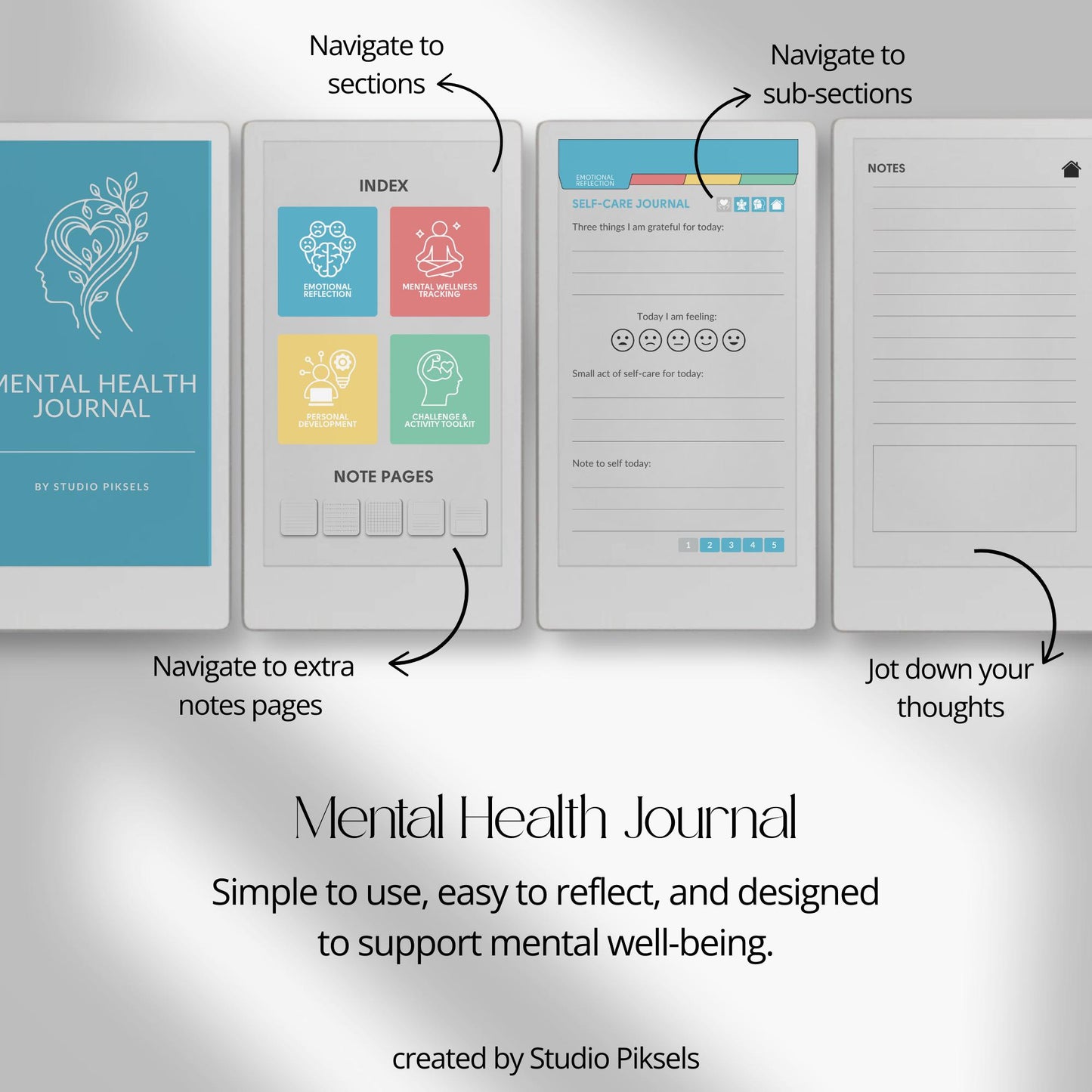 Mental health journal for reMarkable Paper Pro Move with hyperlinked reflection and wellness tracking pages.