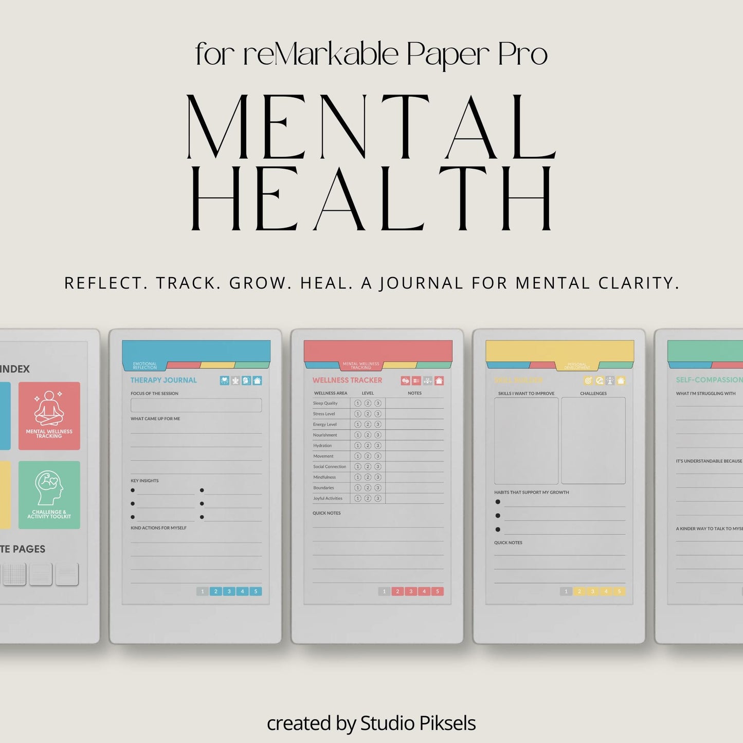 Mental health journal for reMarkable Paper Pro Move with hyperlinked reflection and wellness tracking pages.