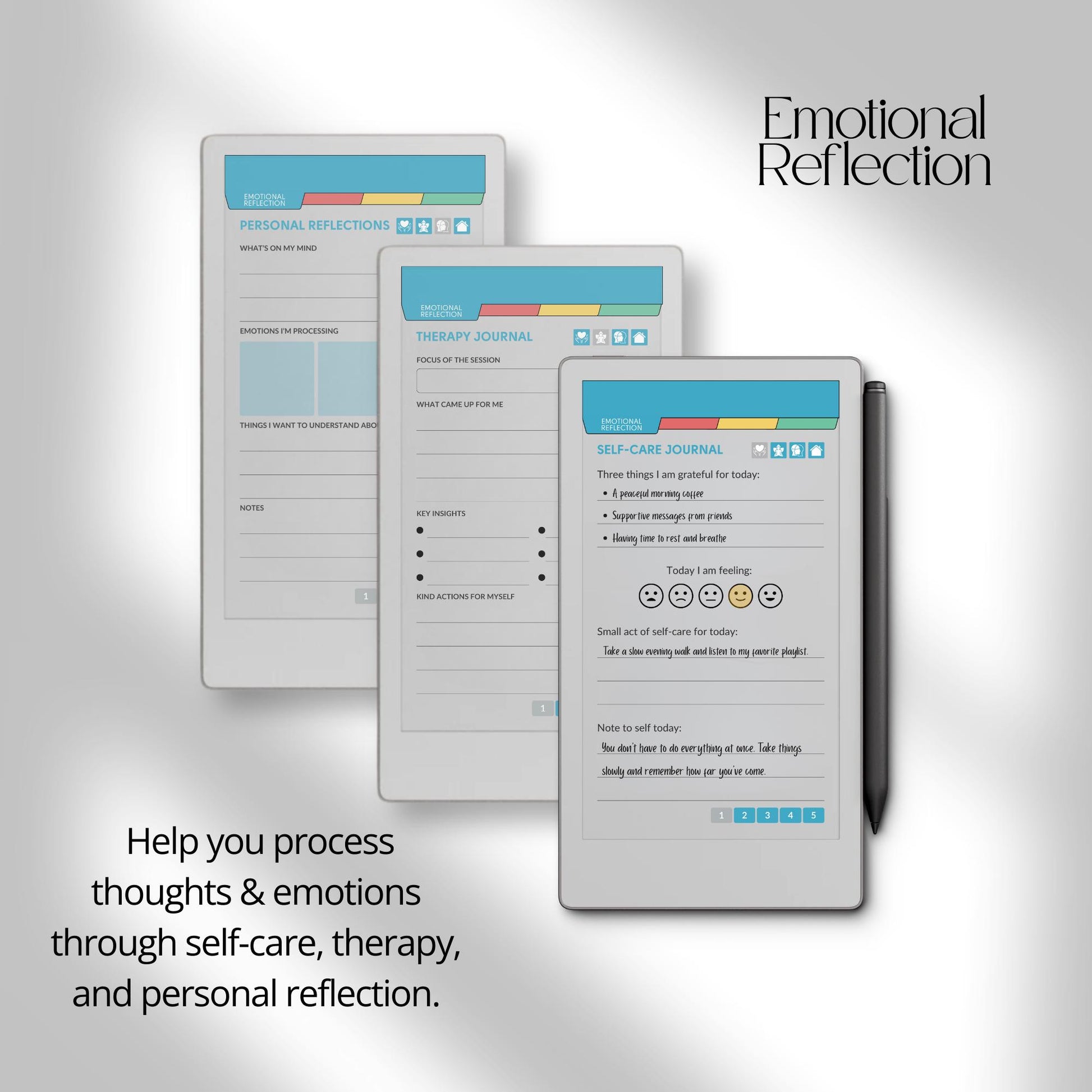 Mental health journal for reMarkable Paper Pro Move with hyperlinked reflection and wellness tracking pages.