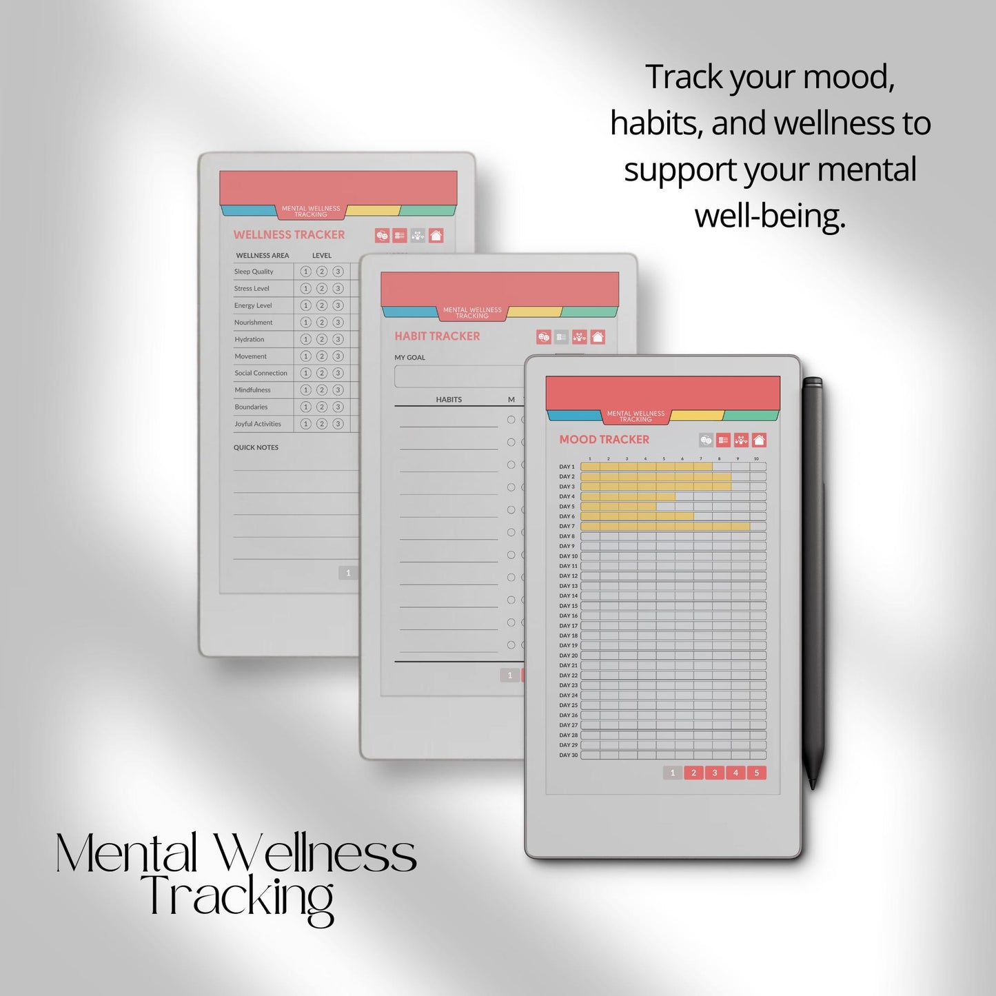 Mental health journal for reMarkable Paper Pro Move with hyperlinked reflection and wellness tracking pages.