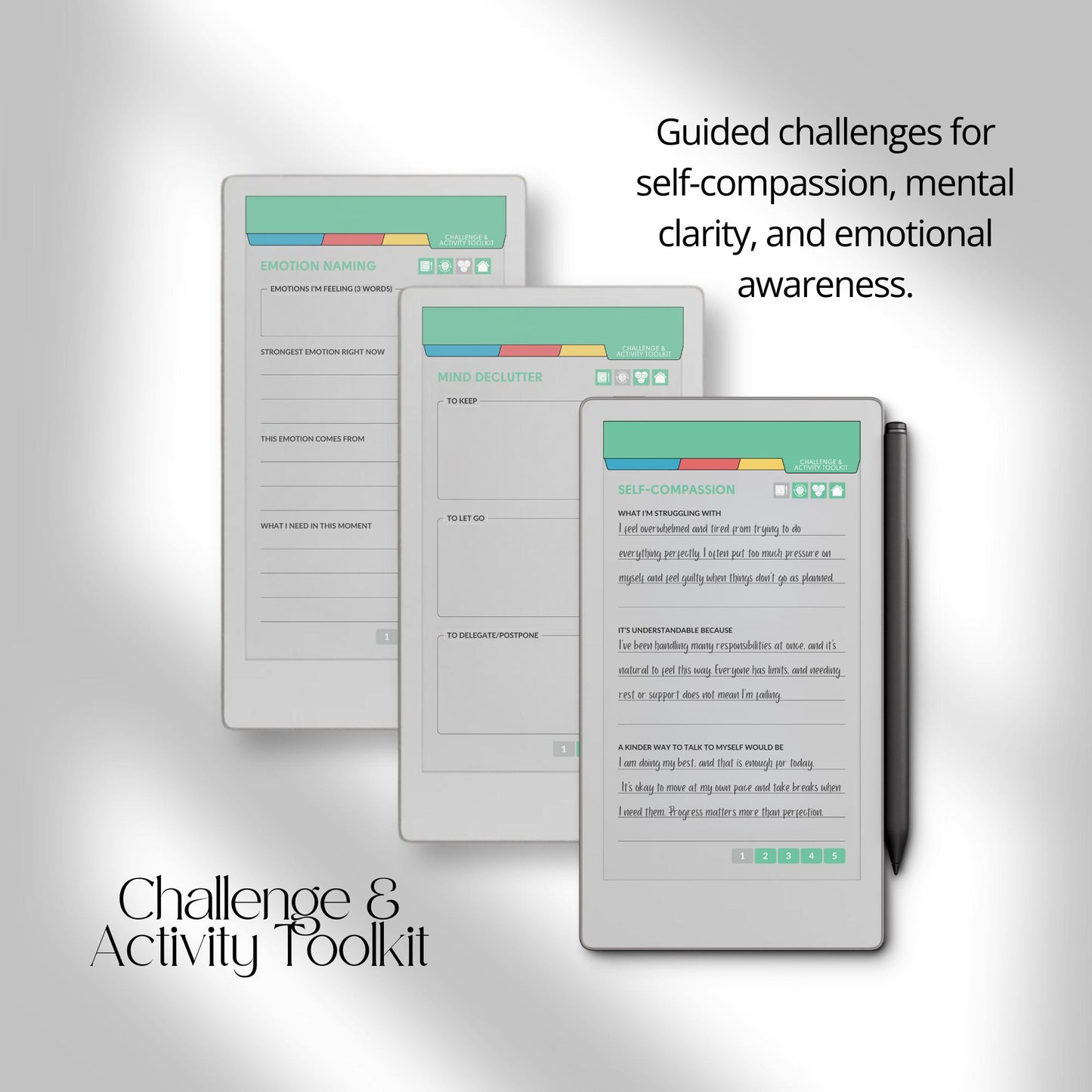 Mental health journal for reMarkable Paper Pro Move with hyperlinked reflection and wellness tracking pages.