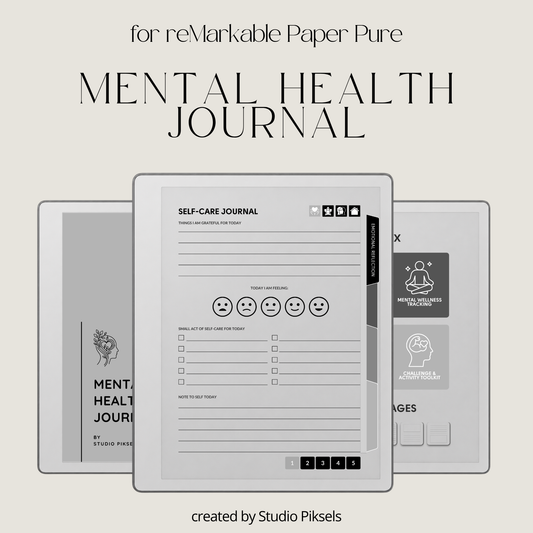 Hyperlinked Mental Health Journal for reMarkable 2 and reMarkable Paper Pure featuring emotional reflection, wellness tracking, guided journaling, and monochrome e-ink layouts.