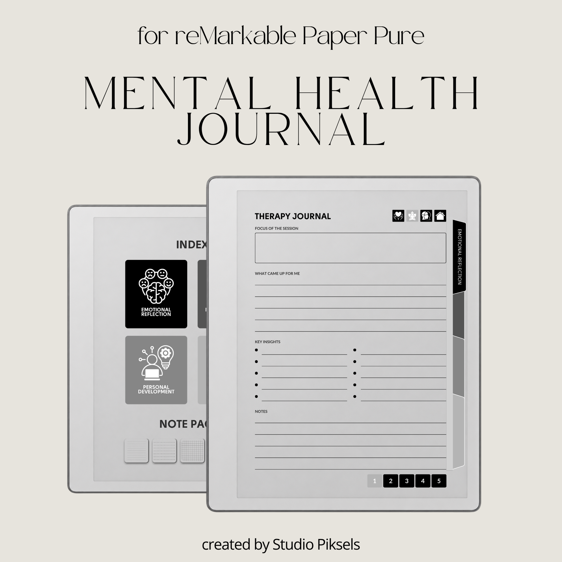 Hyperlinked Mental Health Journal for reMarkable 2 and reMarkable Paper Pure featuring emotional reflection, wellness tracking, guided journaling, and monochrome e-ink layouts.