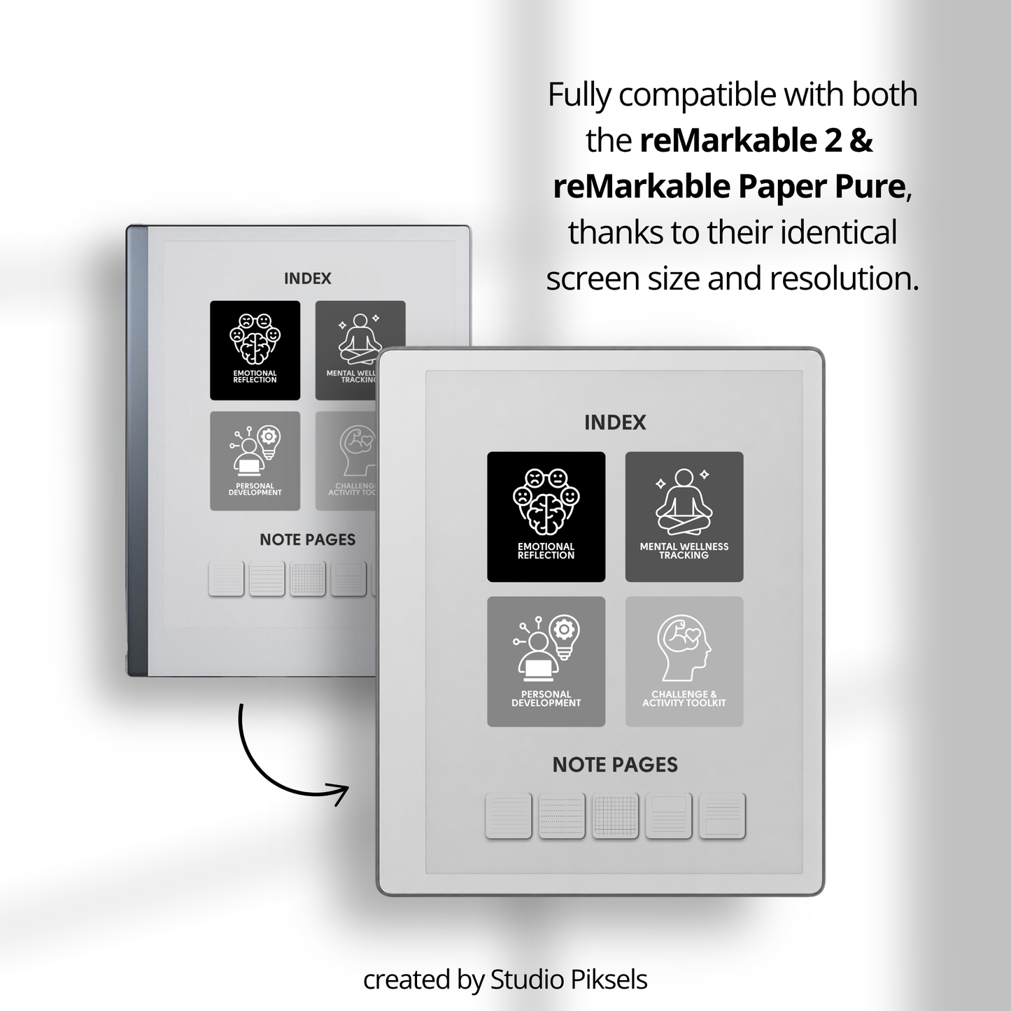 Hyperlinked Mental Health Journal for reMarkable 2 and reMarkable Paper Pure featuring emotional reflection, wellness tracking, guided journaling, and monochrome e-ink layouts.