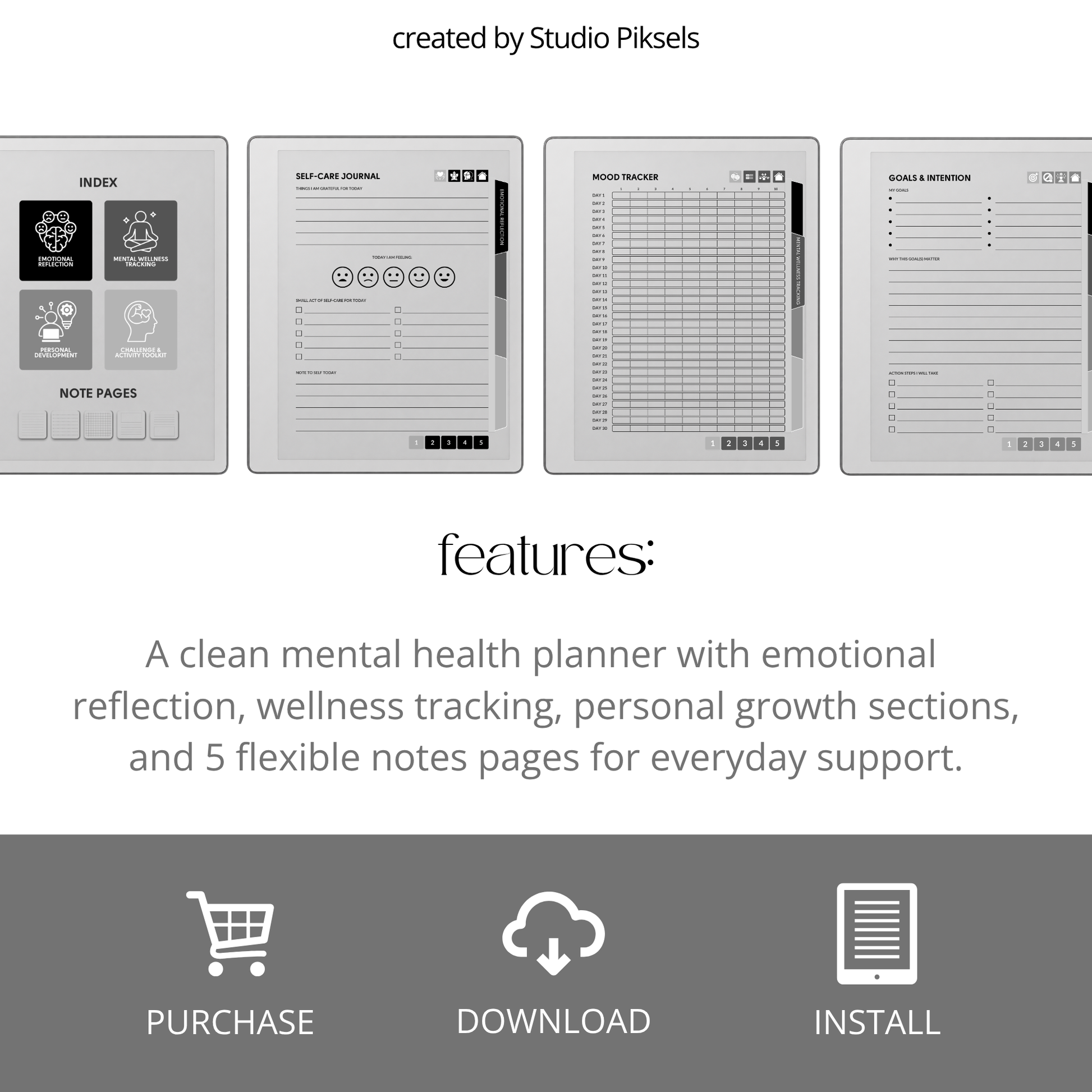Hyperlinked Mental Health Journal for reMarkable 2 and reMarkable Paper Pure featuring emotional reflection, wellness tracking, guided journaling, and monochrome e-ink layouts.