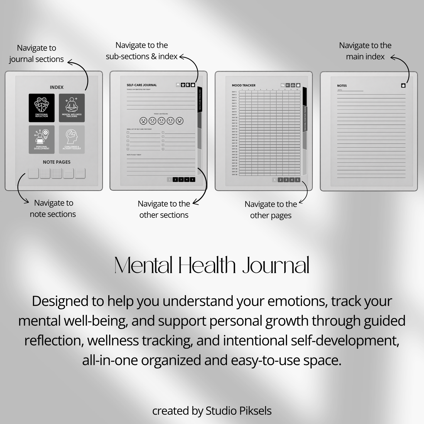 Hyperlinked Mental Health Journal for reMarkable 2 and reMarkable Paper Pure featuring emotional reflection, wellness tracking, guided journaling, and monochrome e-ink layouts.