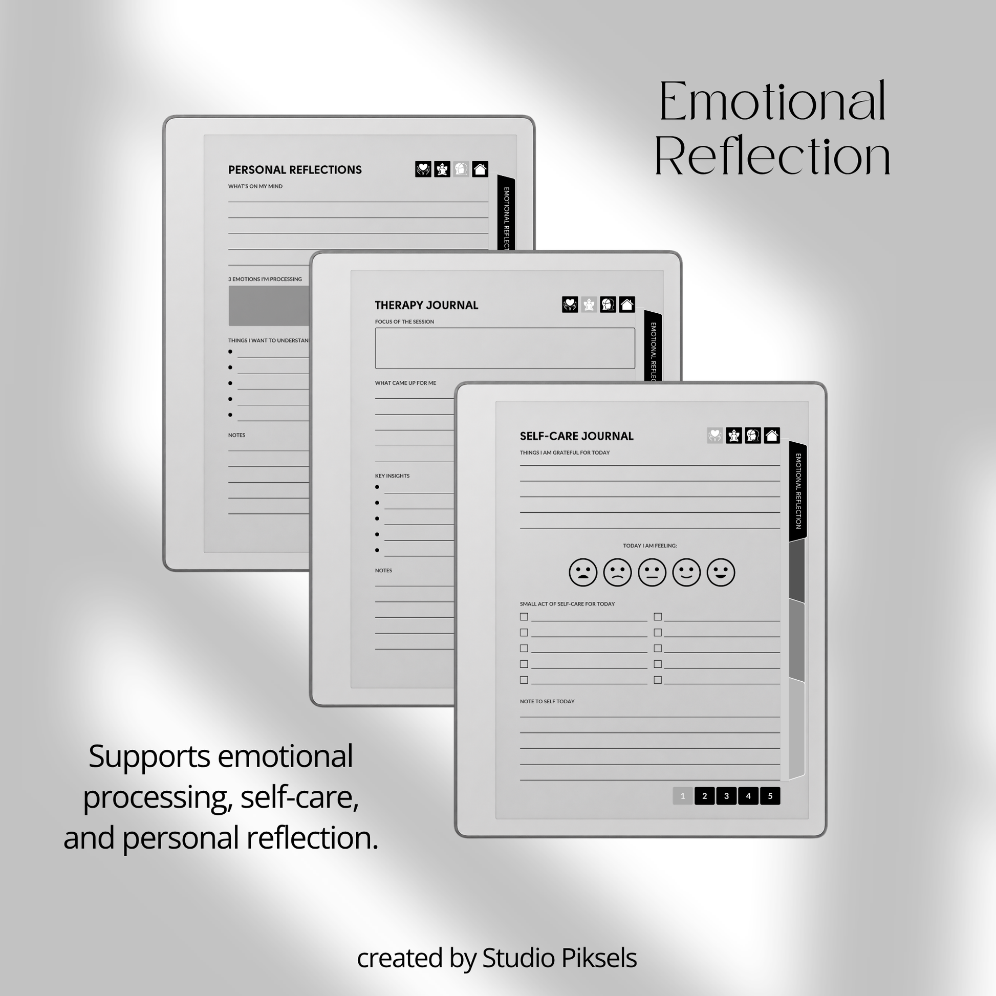 Hyperlinked Mental Health Journal for reMarkable 2 and reMarkable Paper Pure featuring emotional reflection, wellness tracking, guided journaling, and monochrome e-ink layouts.