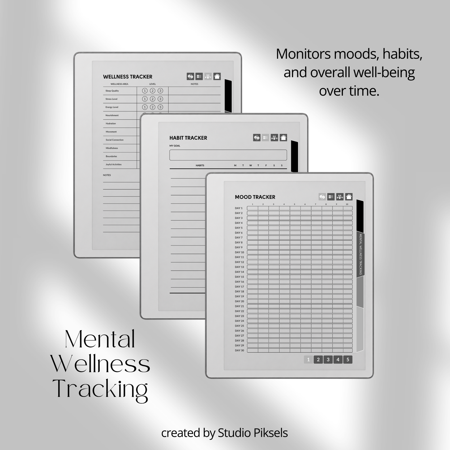 Hyperlinked Mental Health Journal for reMarkable 2 and reMarkable Paper Pure featuring emotional reflection, wellness tracking, guided journaling, and monochrome e-ink layouts.