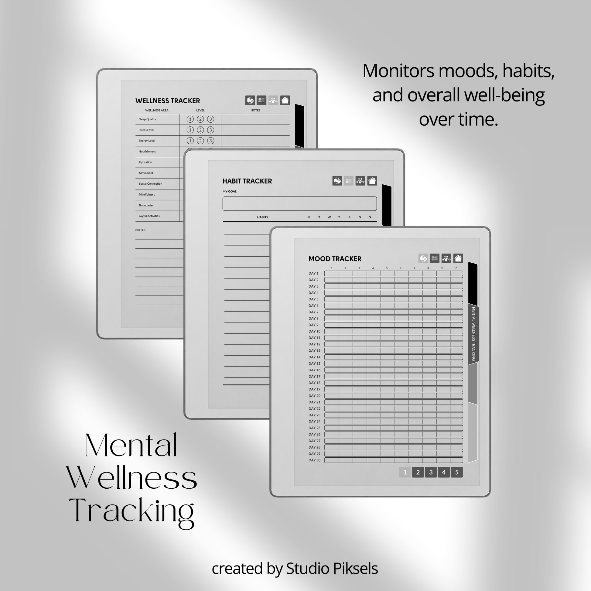 Hyperlinked Mental Health Journal for reMarkable 2 and reMarkable Paper Pure featuring emotional reflection, wellness tracking, guided journaling, and monochrome e-ink layouts.