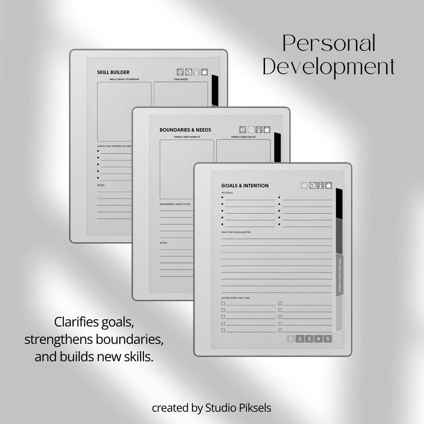 Hyperlinked Mental Health Journal for reMarkable 2 and reMarkable Paper Pure featuring emotional reflection, wellness tracking, guided journaling, and monochrome e-ink layouts.