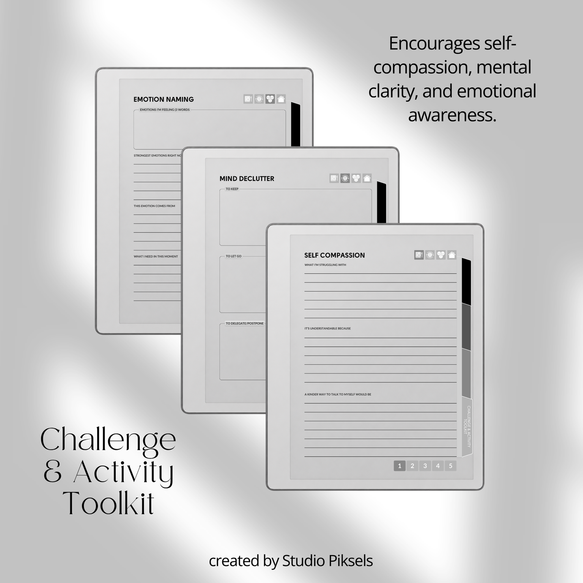 Hyperlinked Mental Health Journal for reMarkable 2 and reMarkable Paper Pure featuring emotional reflection, wellness tracking, guided journaling, and monochrome e-ink layouts.