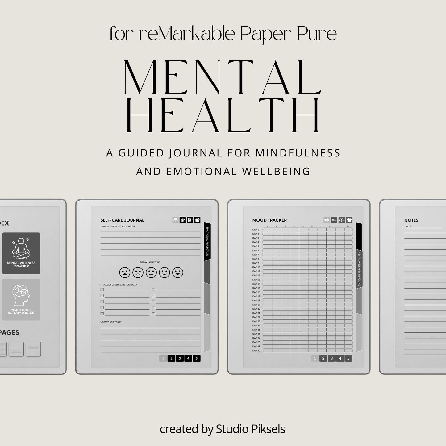 Hyperlinked Mental Health Journal for reMarkable 2 and reMarkable Paper Pure featuring emotional reflection, wellness tracking, guided journaling, and monochrome e-ink layouts.