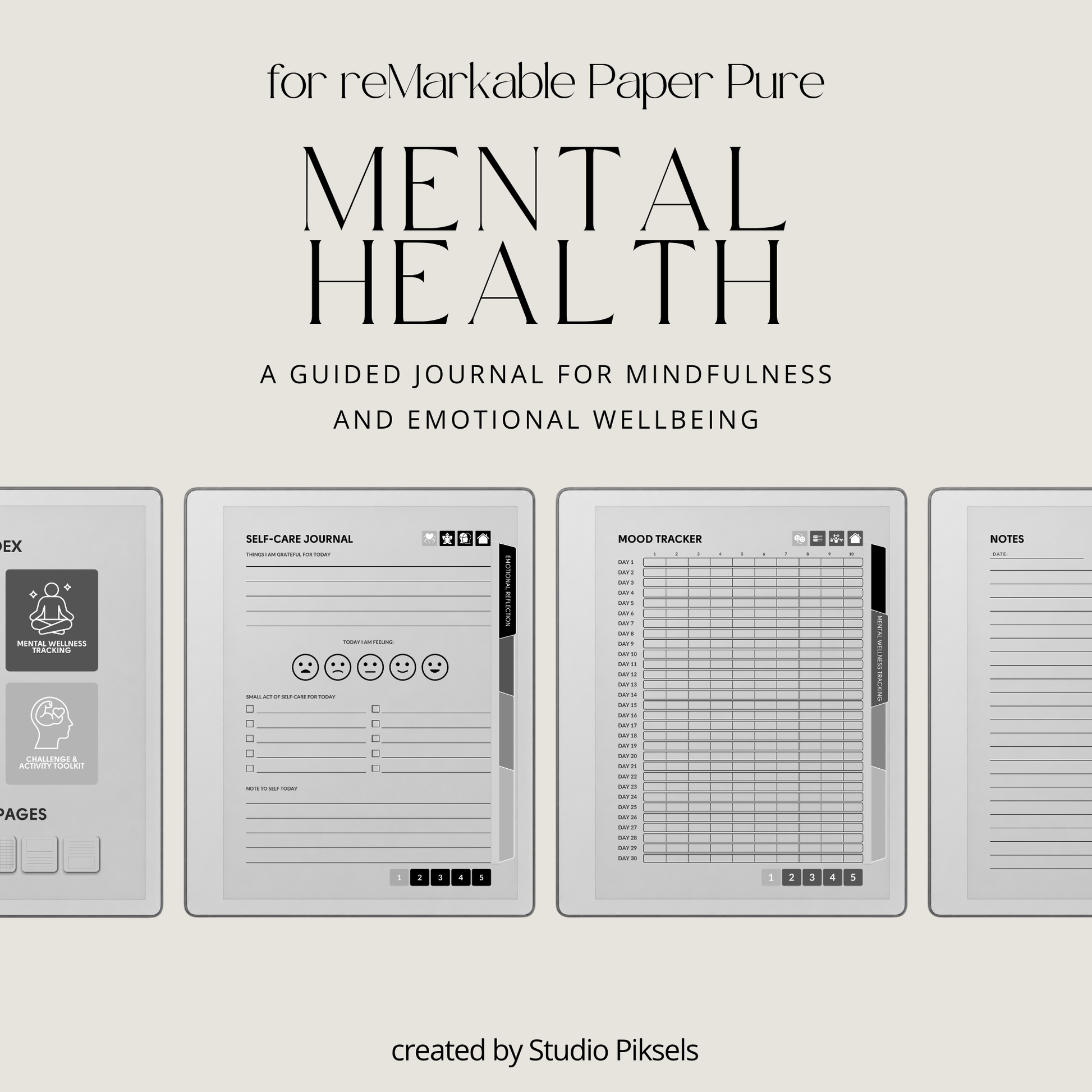 Hyperlinked Mental Health Journal for reMarkable 2 and reMarkable Paper Pure featuring emotional reflection, wellness tracking, guided journaling, and monochrome e-ink layouts.