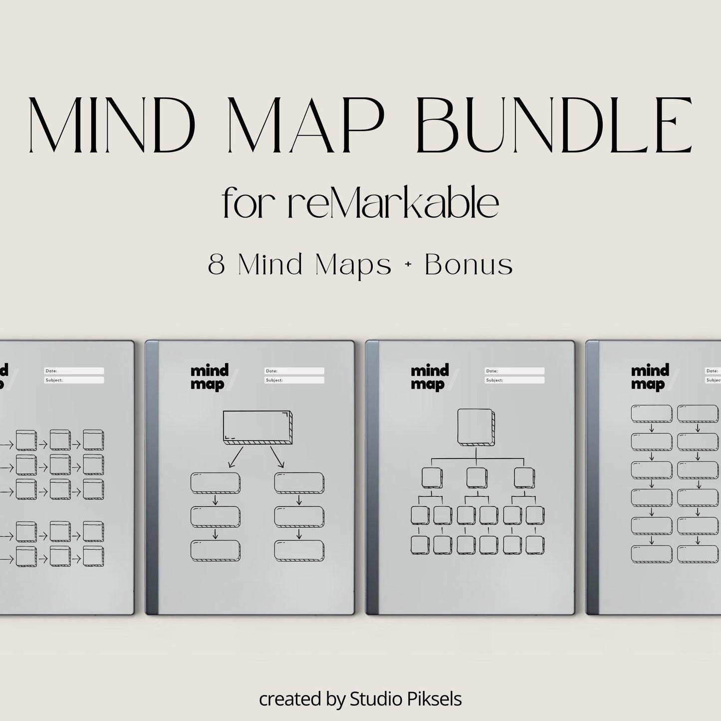 Mind map bundle for reMarkable 2 with eight minimalist brainstorming templates plus extra notes and brain dump pages.
