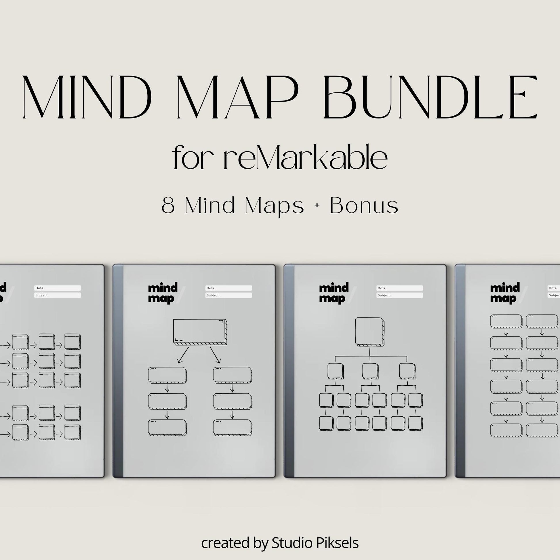 Mind map bundle for reMarkable 2 with eight minimalist brainstorming templates plus extra notes and brain dump pages.