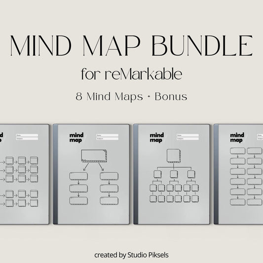 Mind map bundle for reMarkable 2 with eight minimalist brainstorming templates plus extra notes and brain dump pages.