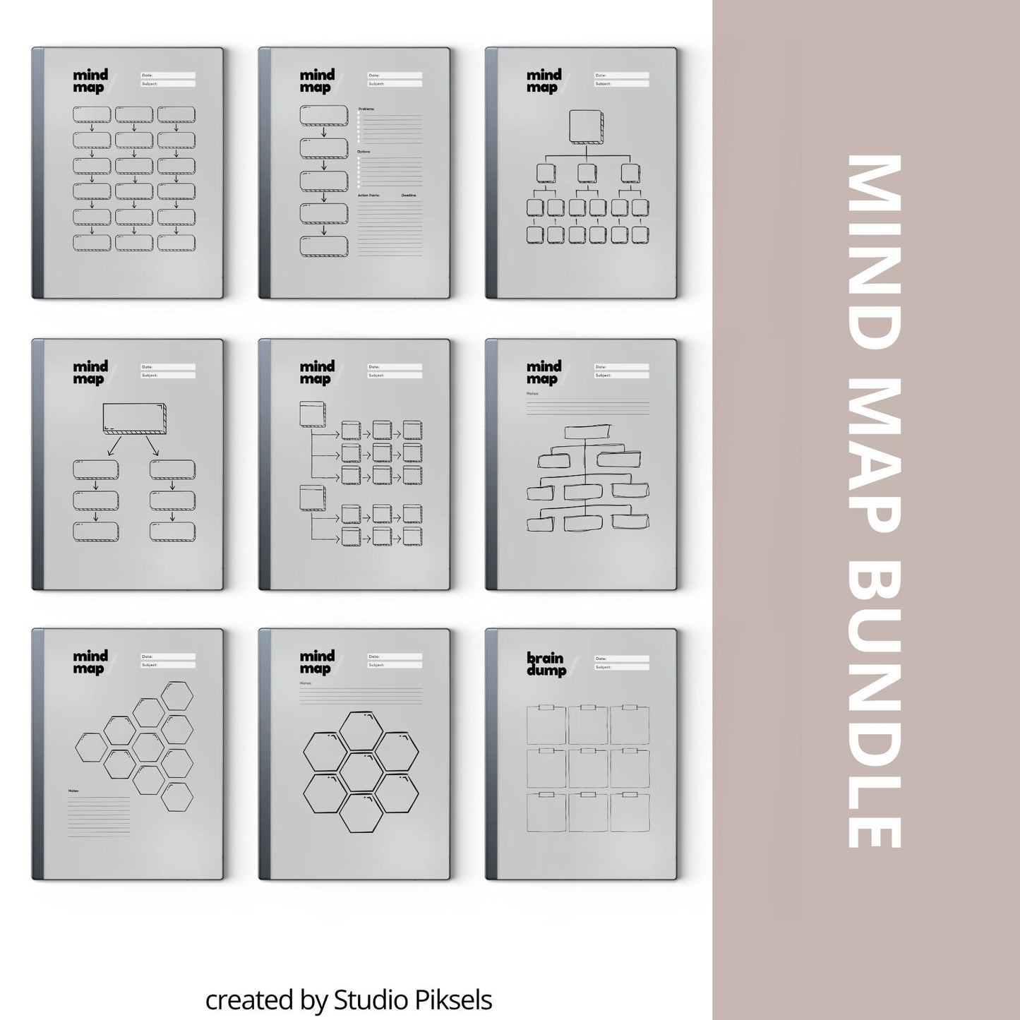 Mind map bundle for reMarkable 2 with eight minimalist brainstorming templates plus extra notes and brain dump pages.