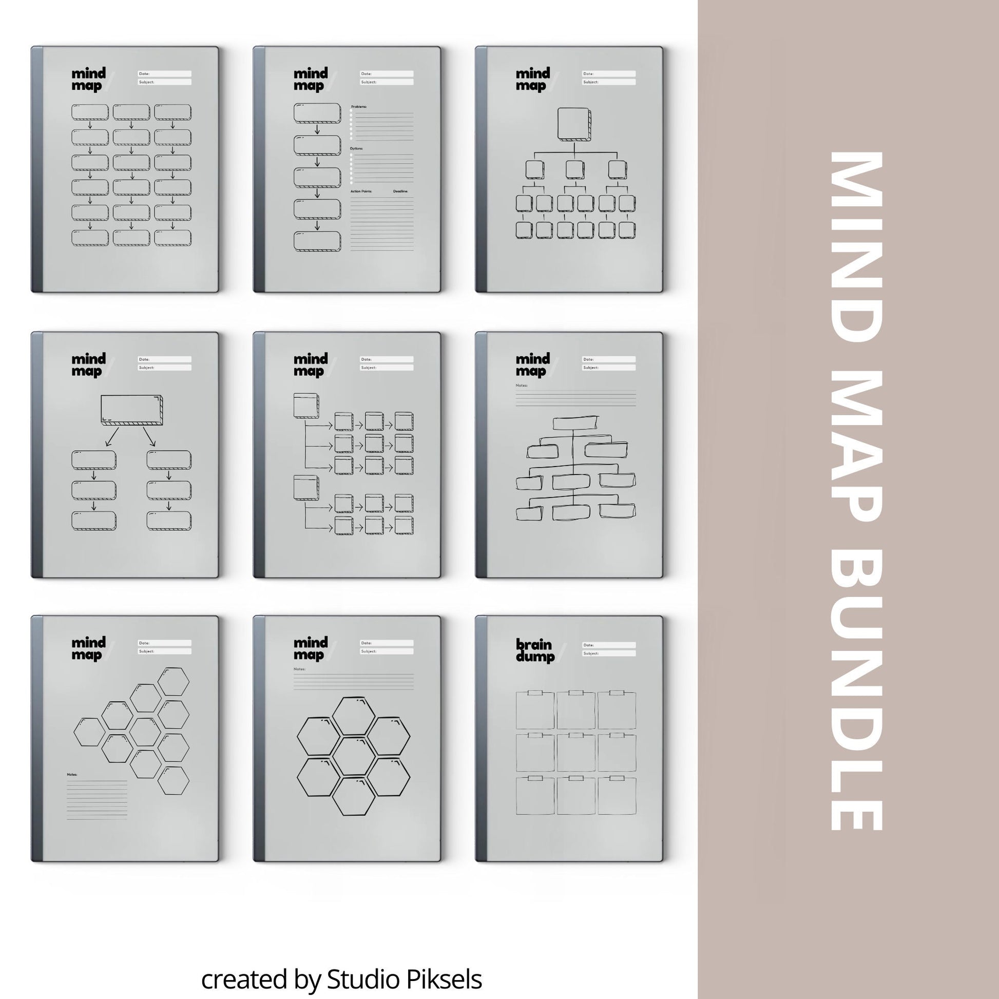 Mind map bundle for reMarkable 2 with eight minimalist brainstorming templates plus extra notes and brain dump pages.