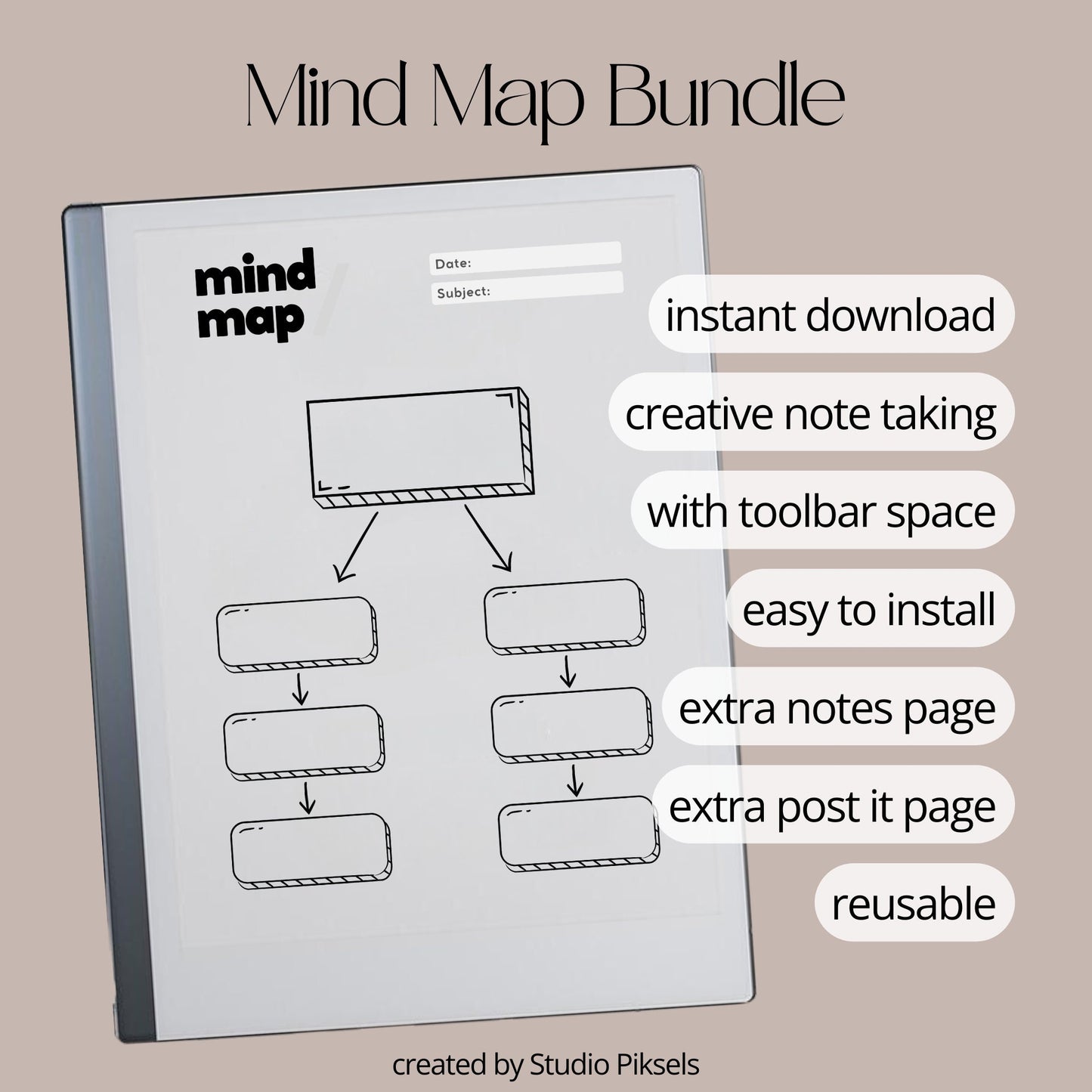 Mind map bundle for reMarkable 2 with eight minimalist brainstorming templates plus extra notes and brain dump pages.