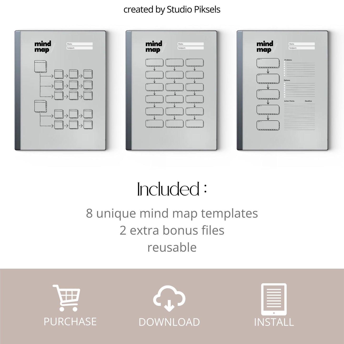 Mind map bundle for reMarkable 2 with eight minimalist brainstorming templates plus extra notes and brain dump pages.