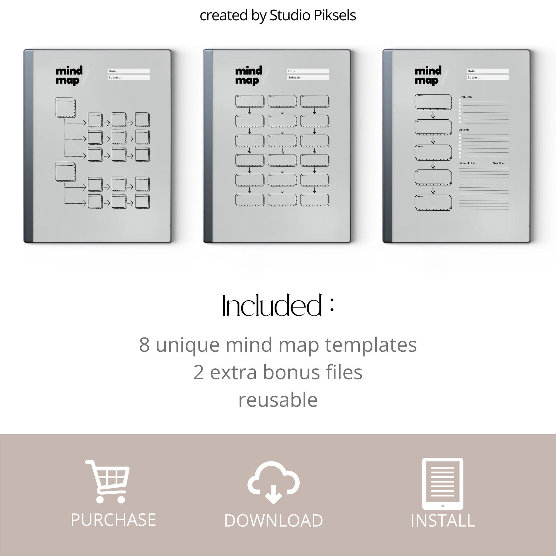 Mind map bundle for reMarkable 2 with eight minimalist brainstorming templates plus extra notes and brain dump pages.