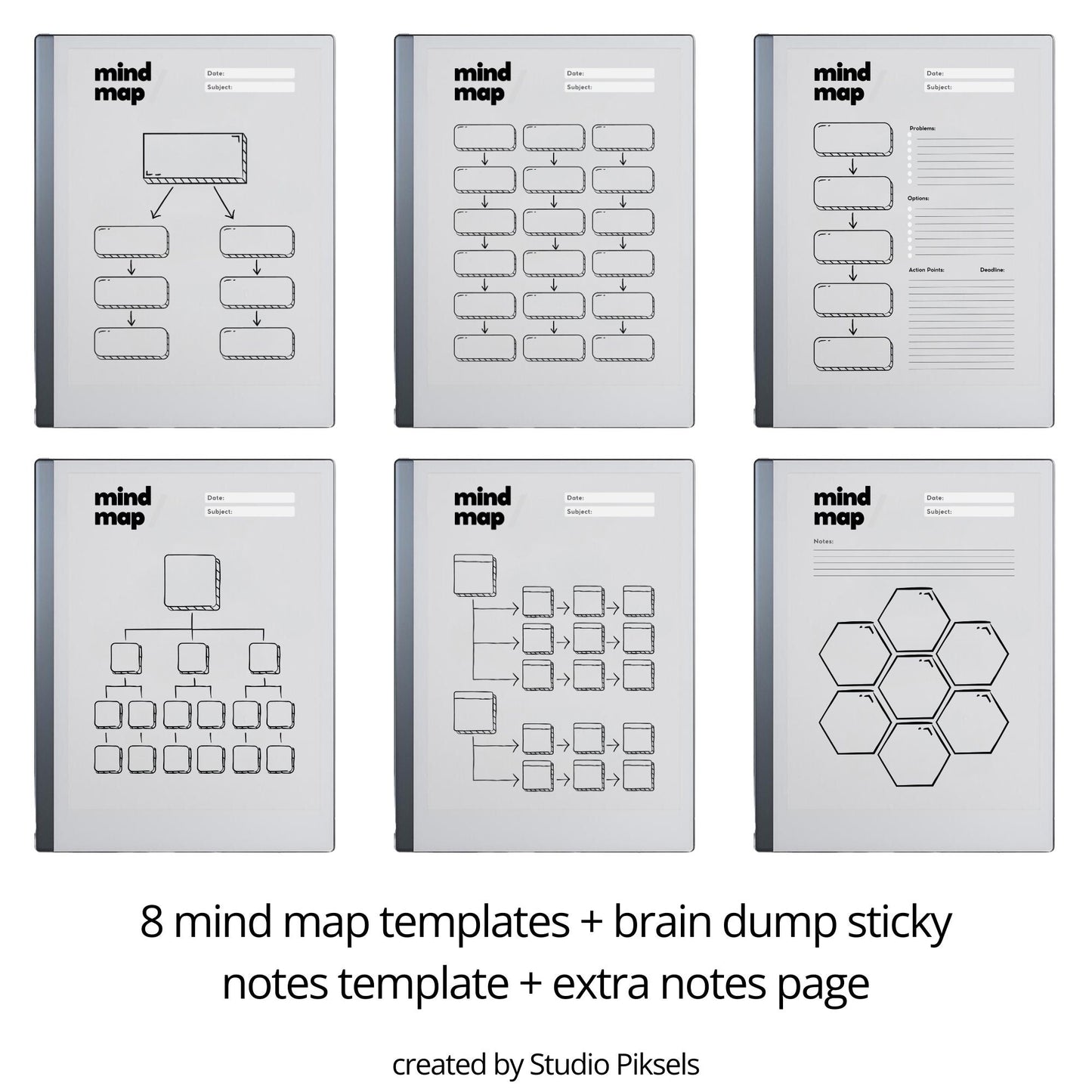 Mind map bundle for reMarkable 2 with eight minimalist brainstorming templates plus extra notes and brain dump pages.