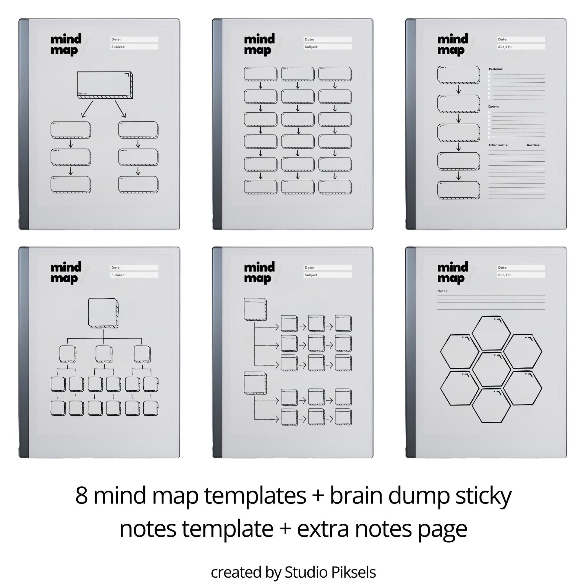Mind map bundle for reMarkable 2 with eight minimalist brainstorming templates plus extra notes and brain dump pages.