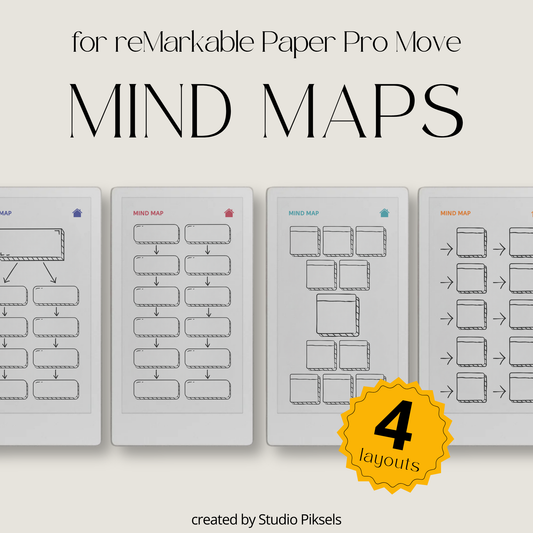 Mind map notebook bundle for reMarkable Paper Pro Move with 4 hyperlinked layouts, customizable sections, notes pages, and project planning templates.