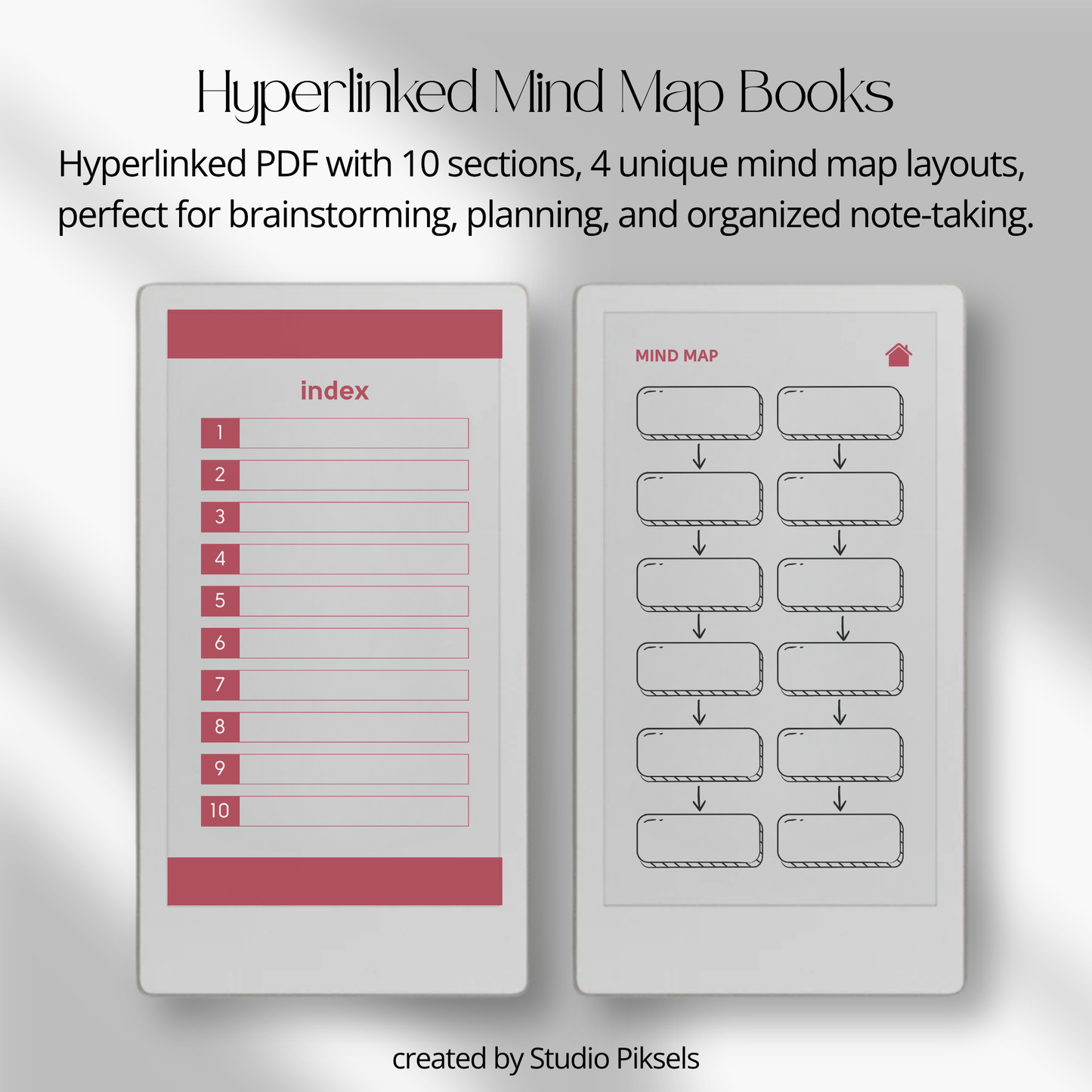 Mind map notebook bundle for reMarkable Paper Pro Move with 4 hyperlinked layouts, customizable sections, notes pages, and project planning templates.