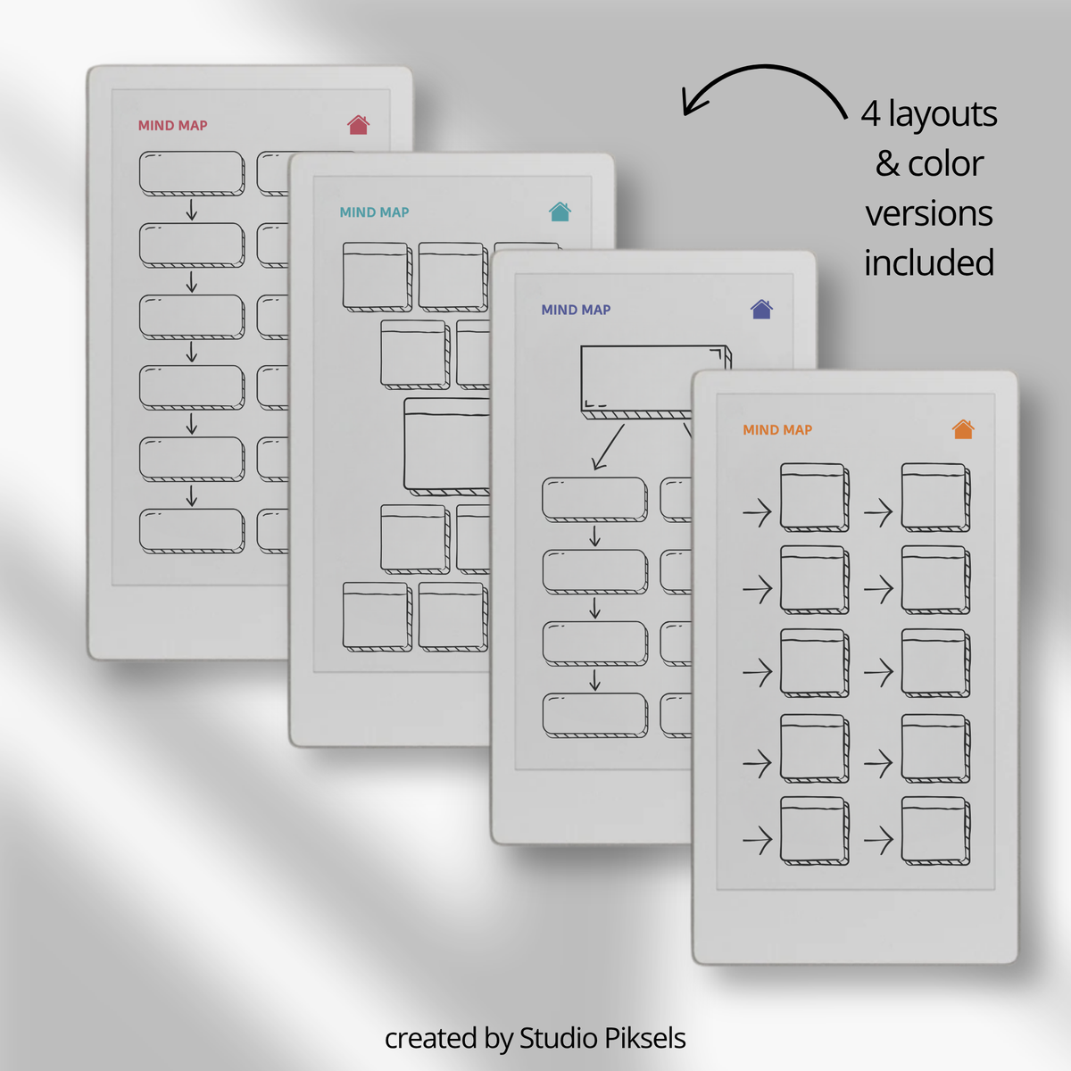 Mind map notebook bundle for reMarkable Paper Pro Move with 4 hyperlinked layouts, customizable sections, notes pages, and project planning templates.