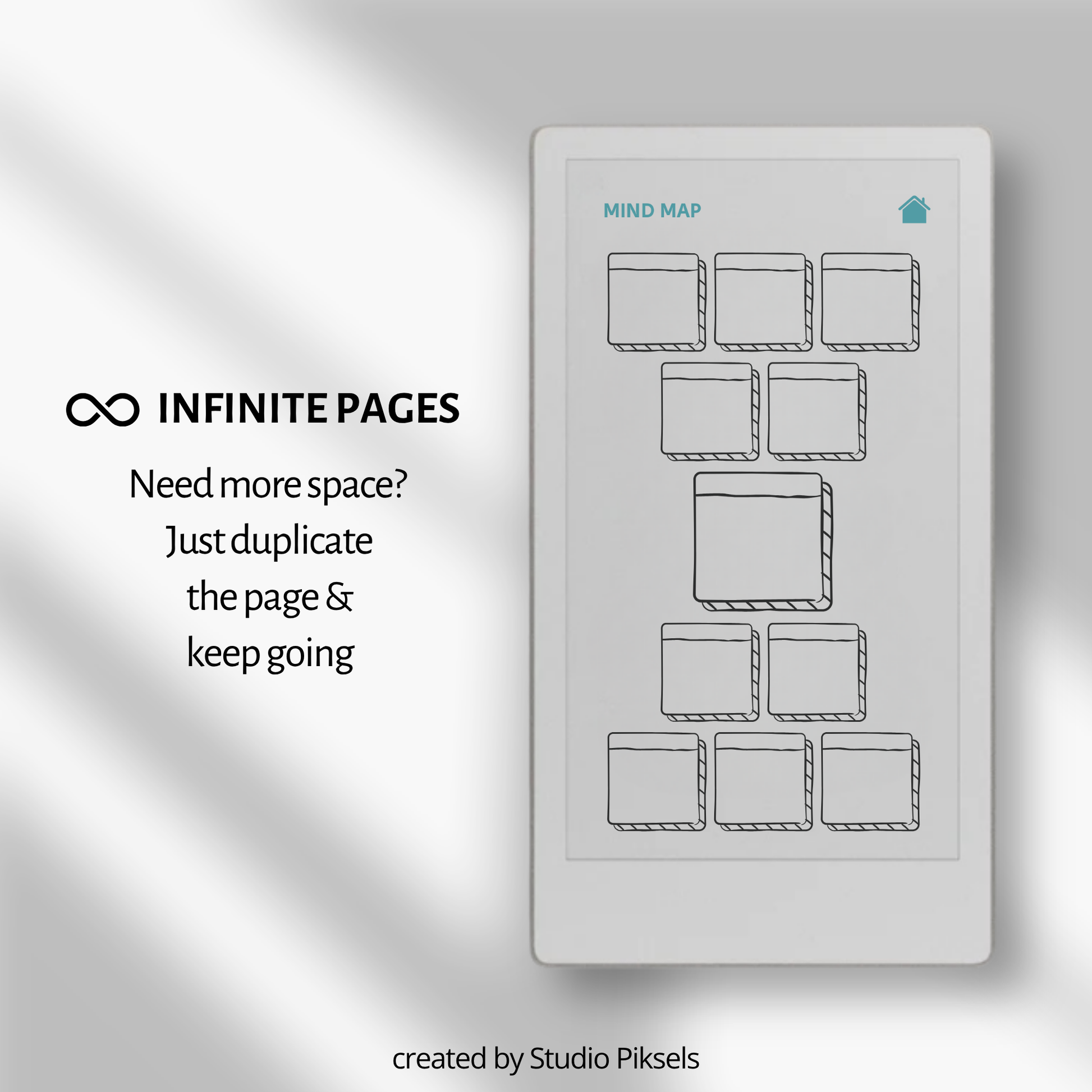 Mind map notebook bundle for reMarkable Paper Pro Move with 4 hyperlinked layouts, customizable sections, notes pages, and project planning templates.