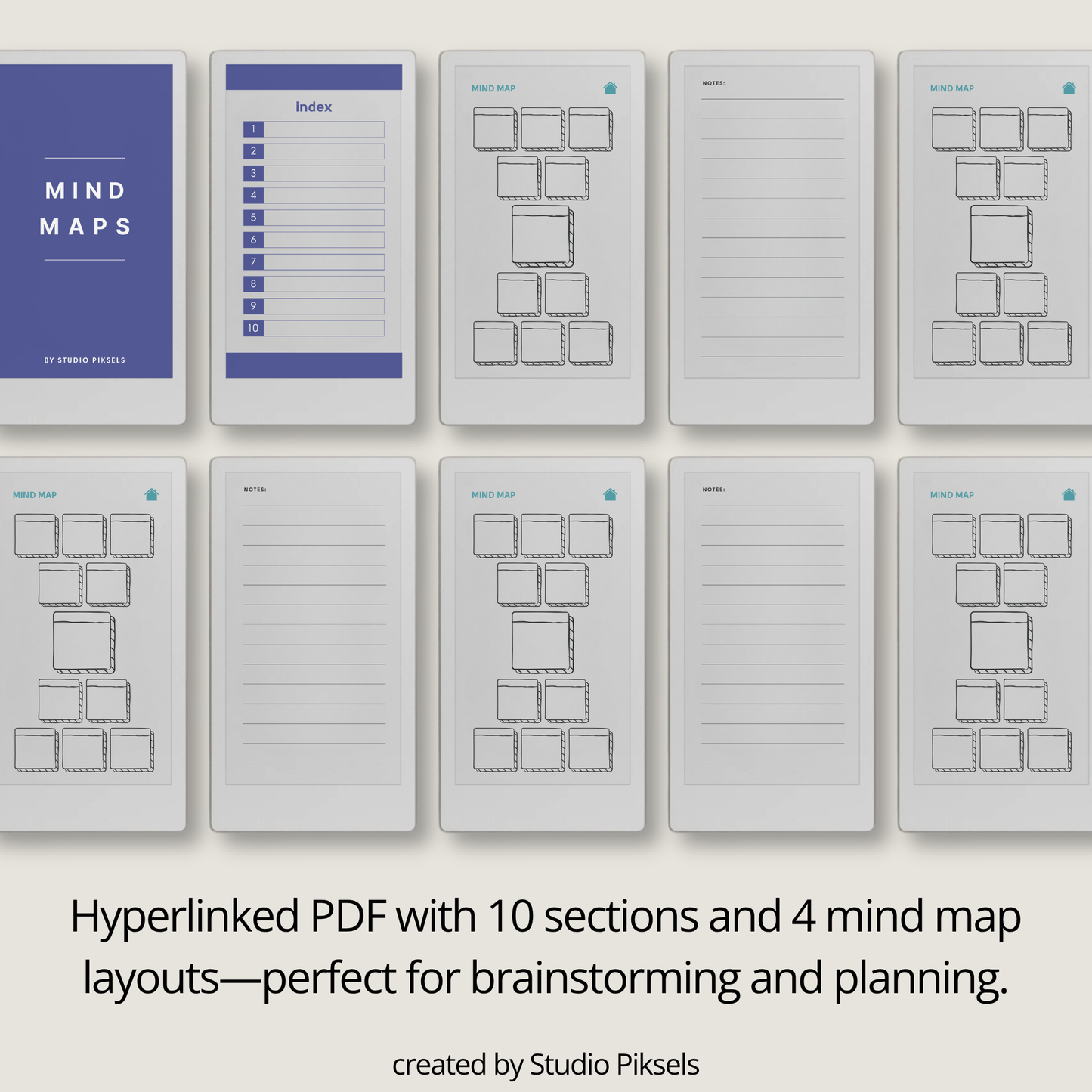 Mind map notebook bundle for reMarkable Paper Pro Move with 4 hyperlinked layouts, customizable sections, notes pages, and project planning templates.