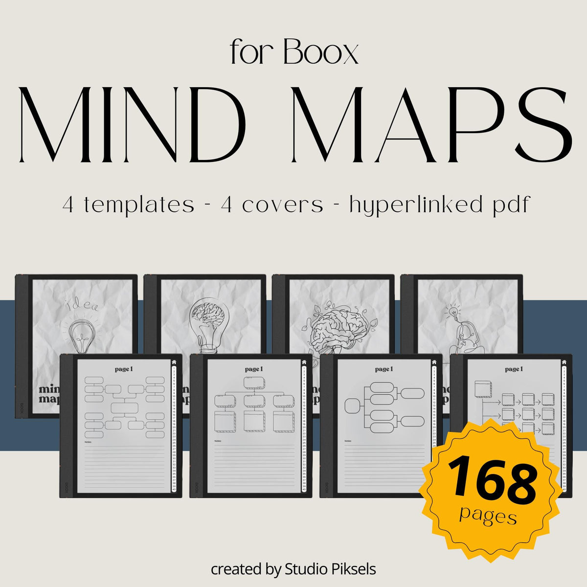 Mind Map Bundle for BOOX tablets with hyperlinked mind mapping pages, visual brainstorming layouts, and grayscale digital notebooks.