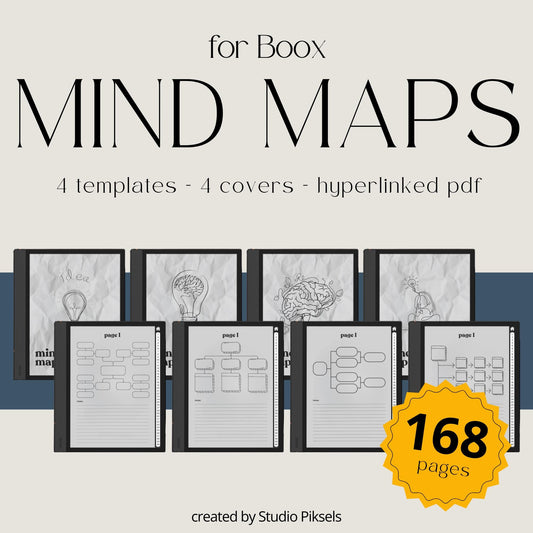 Mind Map Bundle for BOOX tablets with hyperlinked mind mapping pages, visual brainstorming layouts, and grayscale digital notebooks.