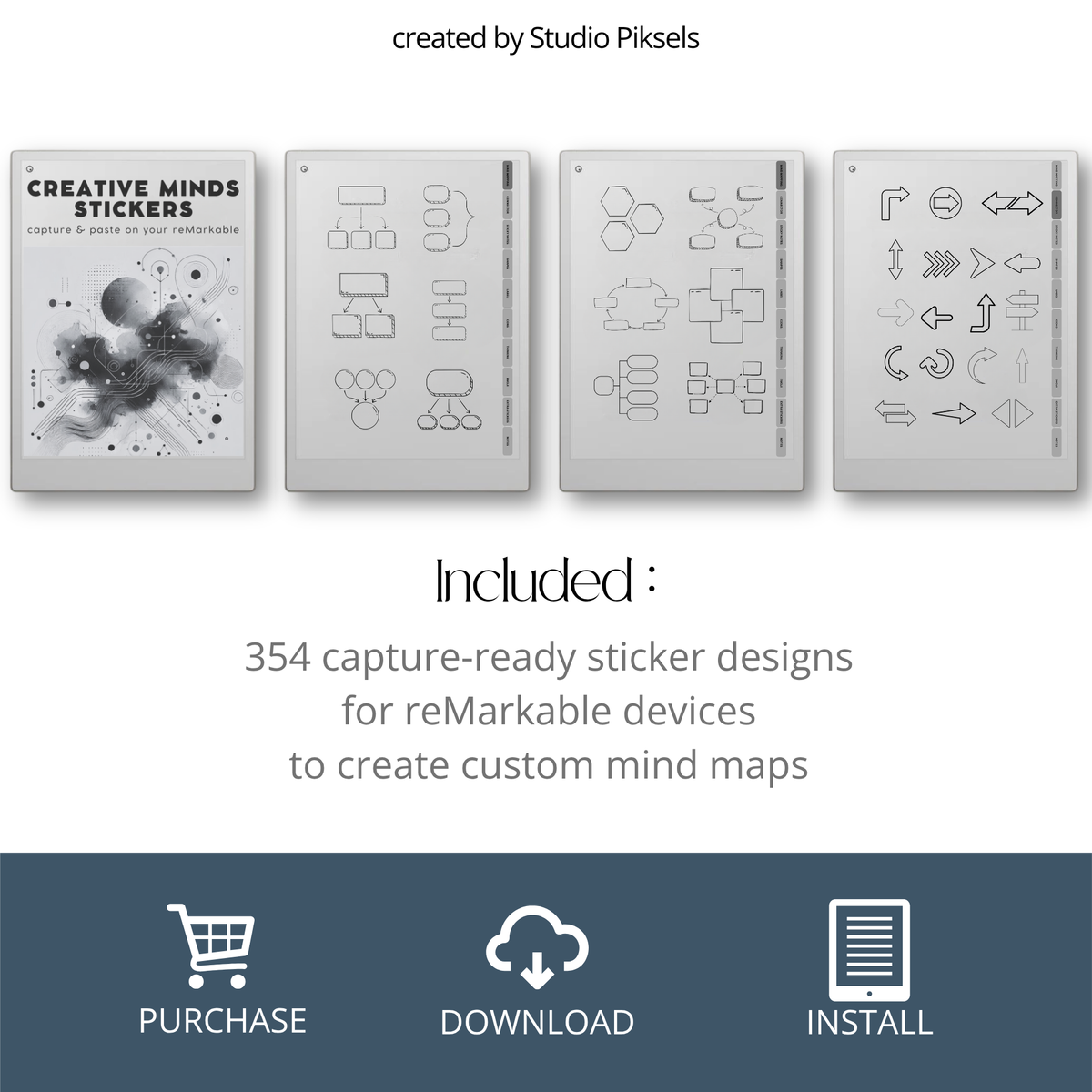 digital mind map stickers for reMarkable Paper Pro, Paper Pure, and reMarkable 2 with connectors, sticky notes, labels, icons, and emojis.