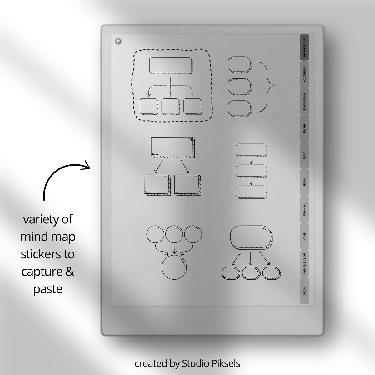 digital mind map stickers for reMarkable Paper Pro, Paper Pure, and reMarkable 2 with connectors, sticky notes, labels, icons, and emojis.