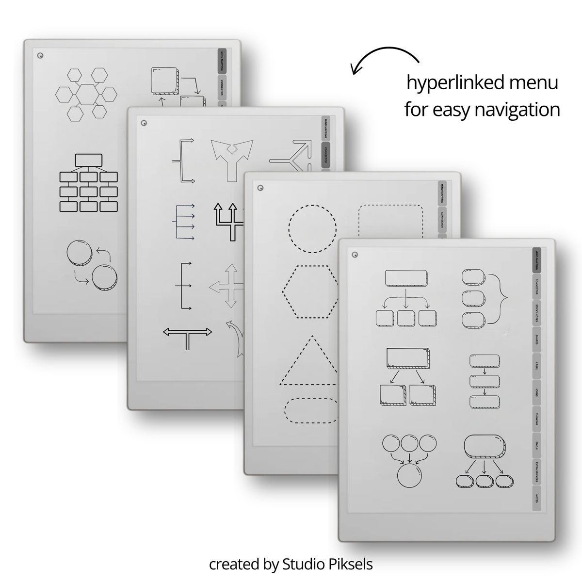 digital mind map stickers for reMarkable Paper Pro, Paper Pure, and reMarkable 2 with connectors, sticky notes, labels, icons, and emojis.